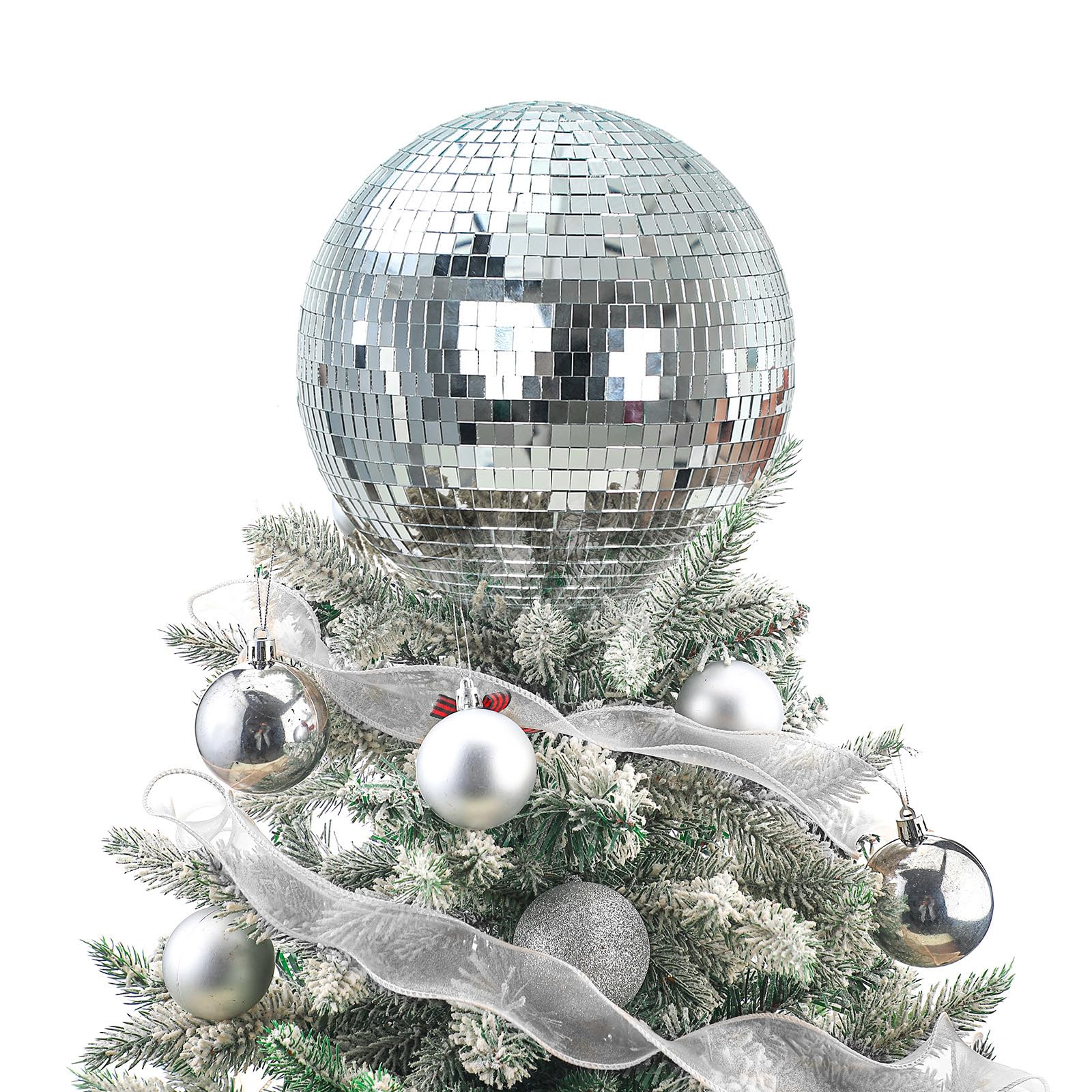 Retisee 8 Disco Ball Christmas Tree Topper Disco Mirror Ball Xmas Tree Topper 3D Hollow Silver Decor Ornament for 70s Holiday 