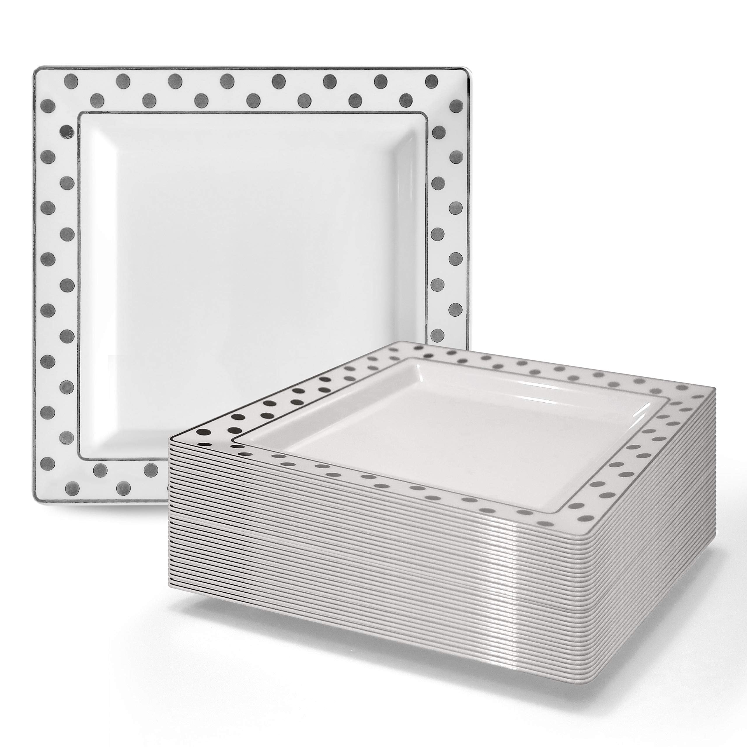 Oasis Creations White Square Plates With Silver Polka Dots On Rim 10'' - 50 Count - Premium Hard White Plastic -Disposable And R