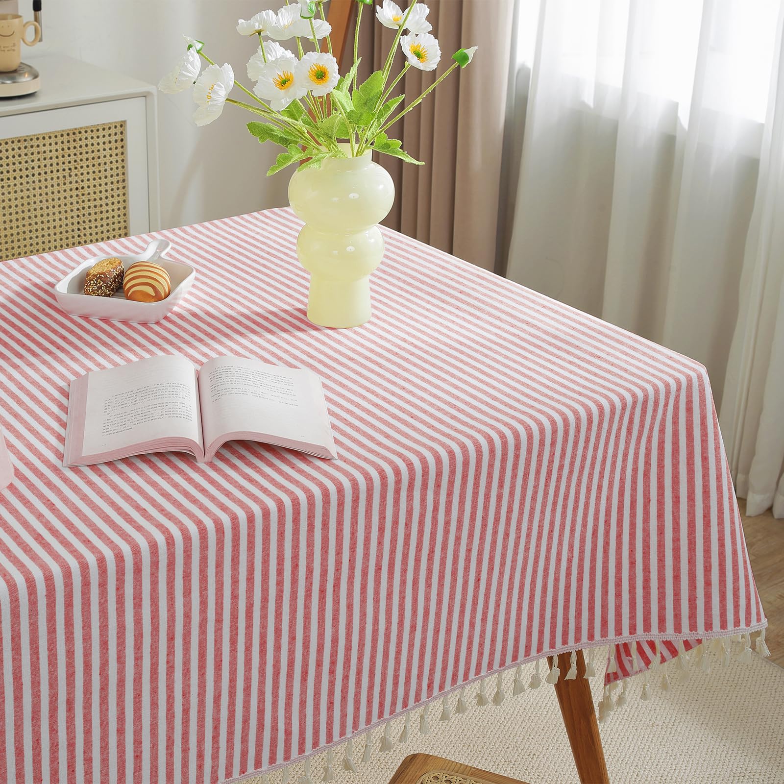 Meioro Table Cloth Red White Striped Tablecloth Tassels Cotton Linen Dust-Proof Table Cover For Dining Coffee Buffet Kitchen Pic