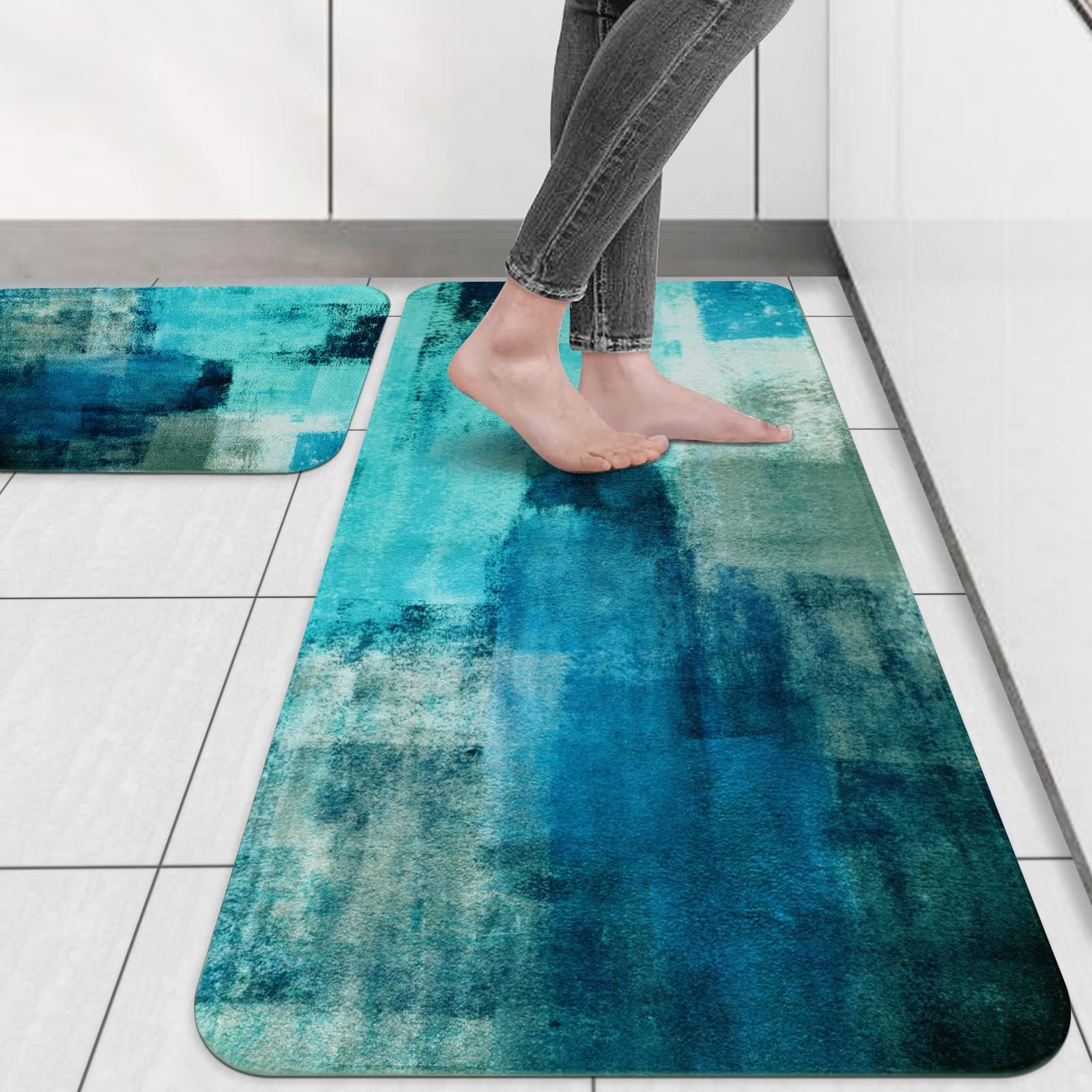 Mayhmyo Teal Mat Turquoise And Grey Rugs Non Skid Washable 17X48+17X24 Set Of 2 Abstract Art Kitchen Floor Mats For Dining Floor