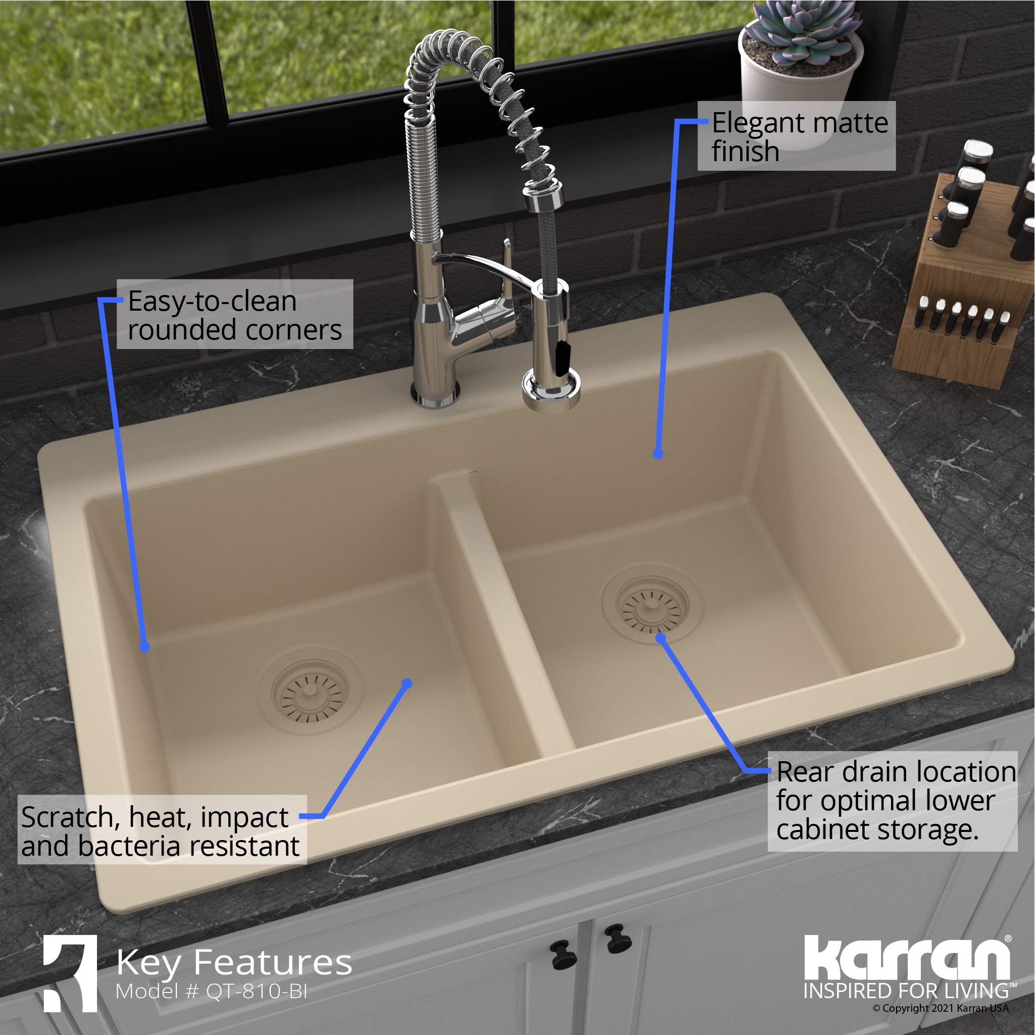 Karran Qt-810 33'' Top Mount Double Equal Bowl Quartz Kitchen Sink In Bisque