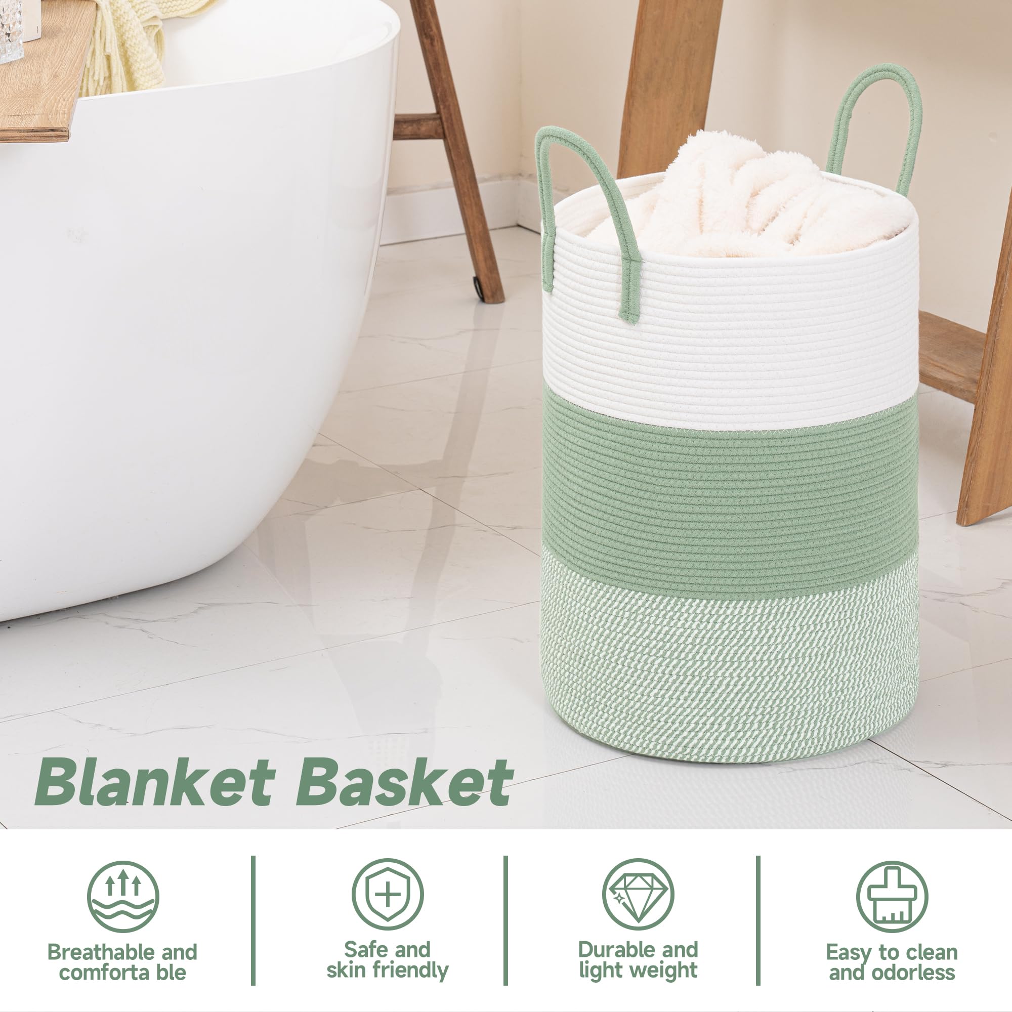 Clhmily&Z 40L Laundry Basket Round Storage Rope Basket - 13X18 Inches - Green Hamper In Bedreoom And Cute Storage Bin For Blanke