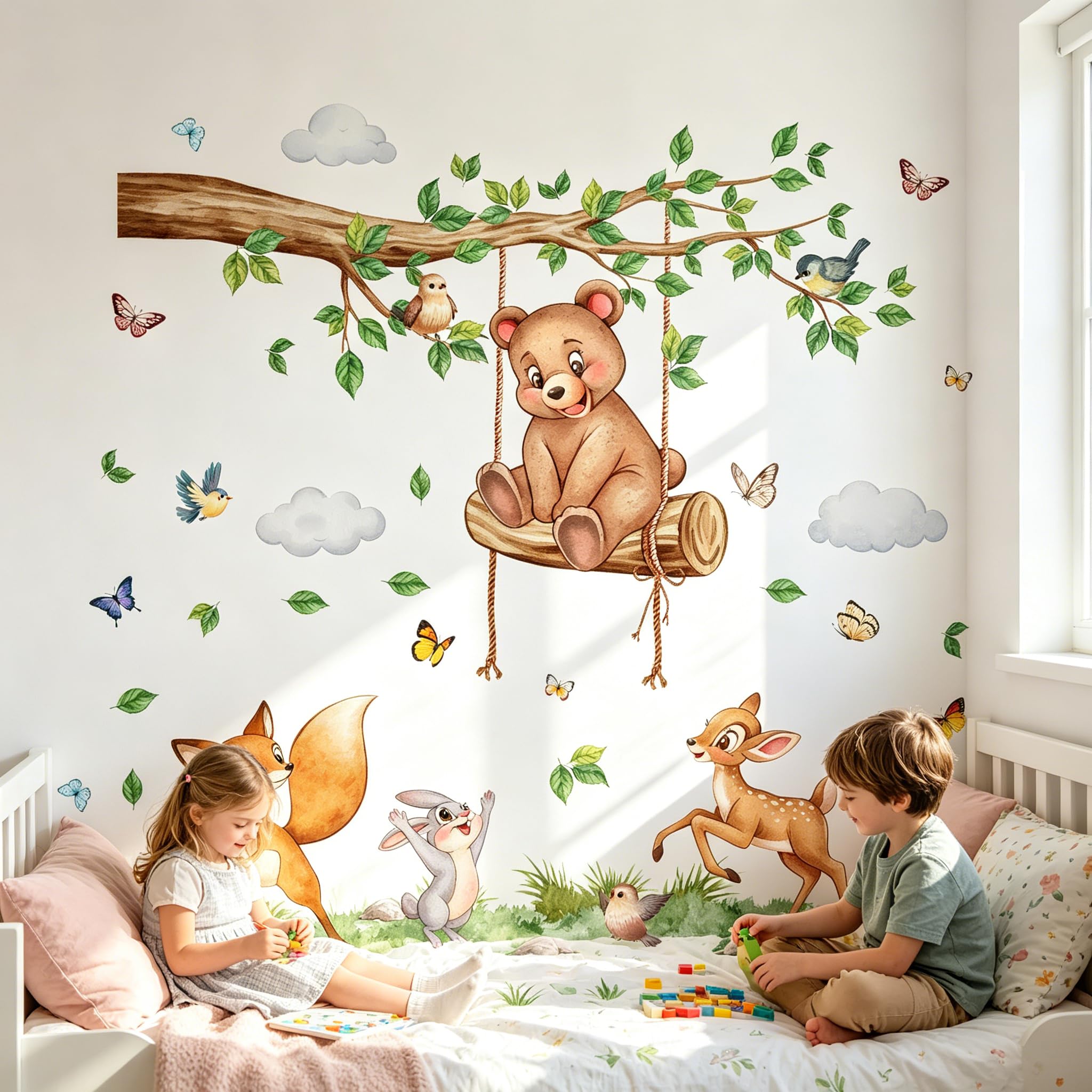 Large Tree Wall Decals with Woodland Animals, Peel and Stick Wall Stickers for Baby Room, Removable Nursery Wall Decor