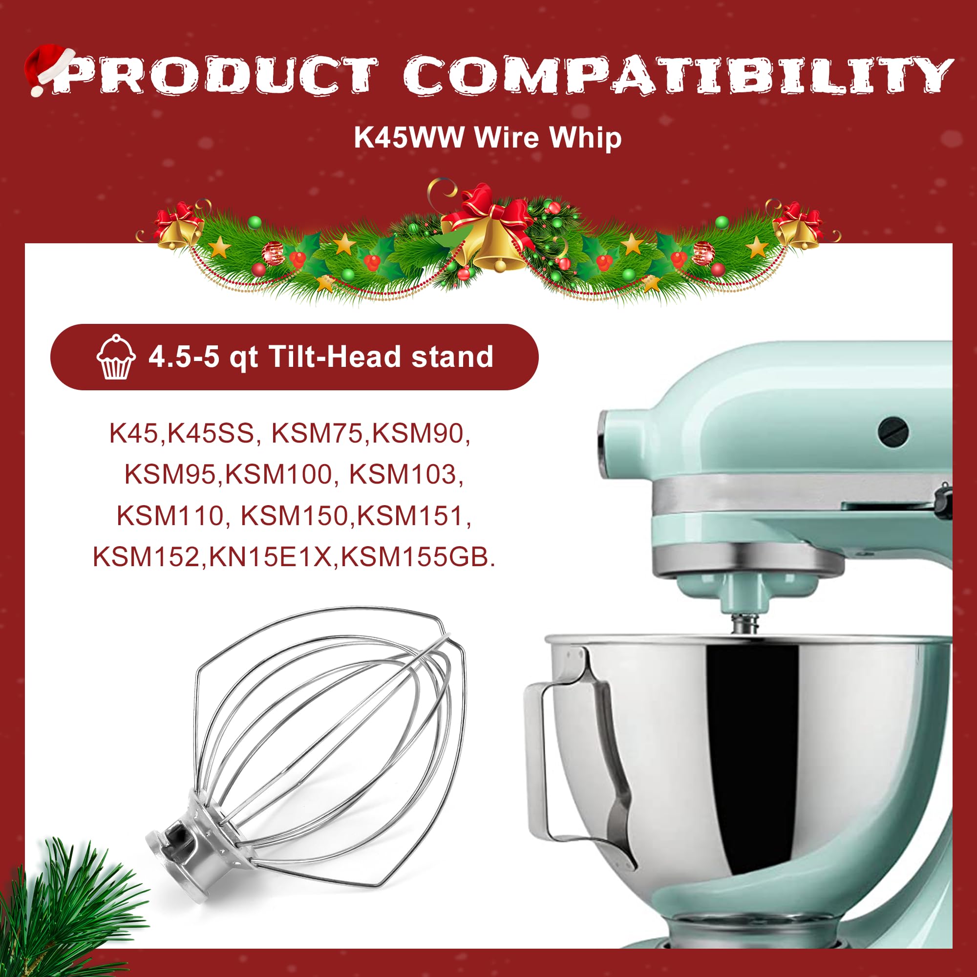 Kitchen Mixers Aid K45WW 6-Wire Whip Whisk Fits For 4.5-5QT Title-Head Stand Mixer K45 KSM90 Stainless Steel Egg Cream Stirrer Cakes Mayonnaise Whisk by MIFLUS