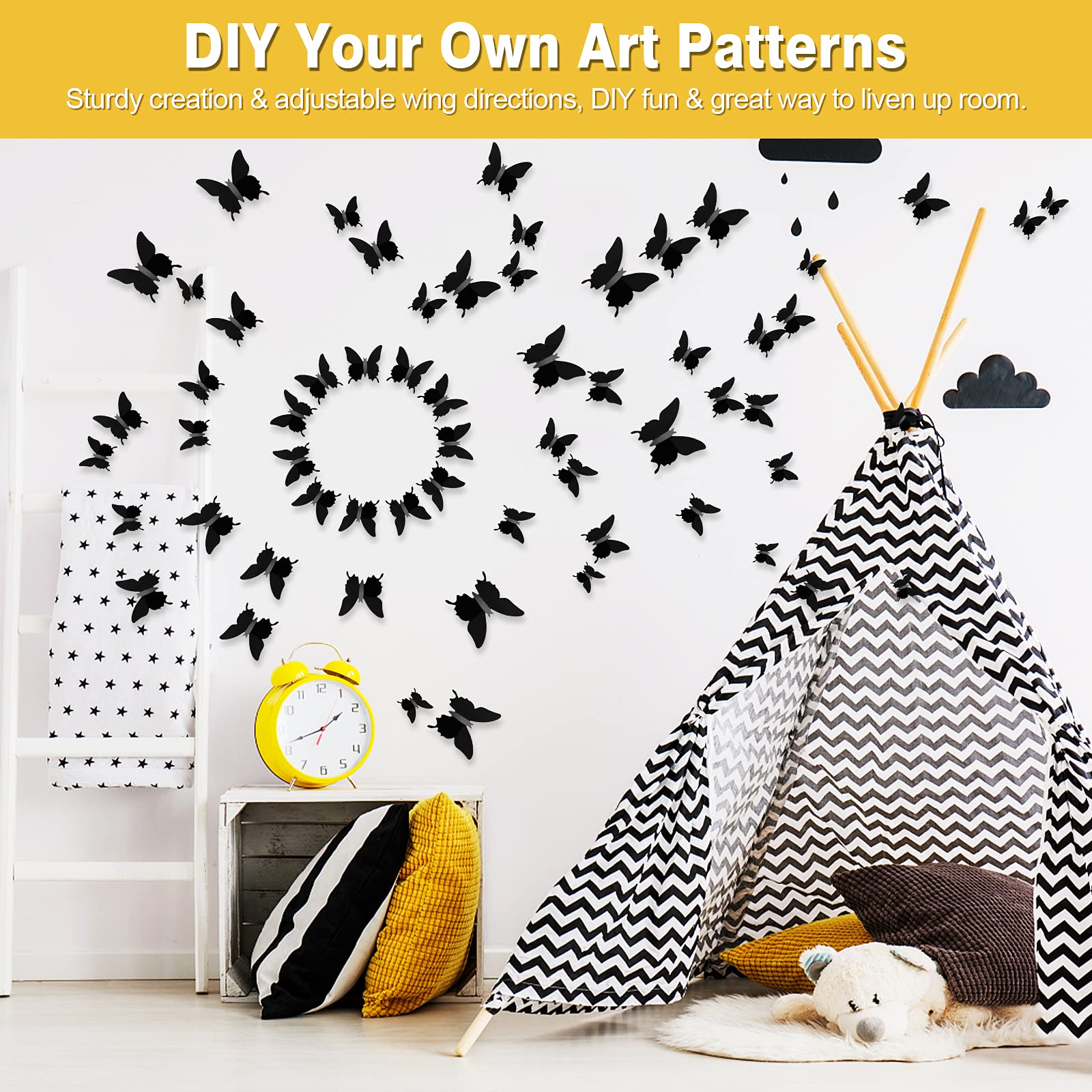 Ryangic 3D Butterfly Wall Decor 48Pcs Black Polished Butterflies Wall Stickers 3 Sizes Durable Butterfly Wall Decals Diy Wall Ar