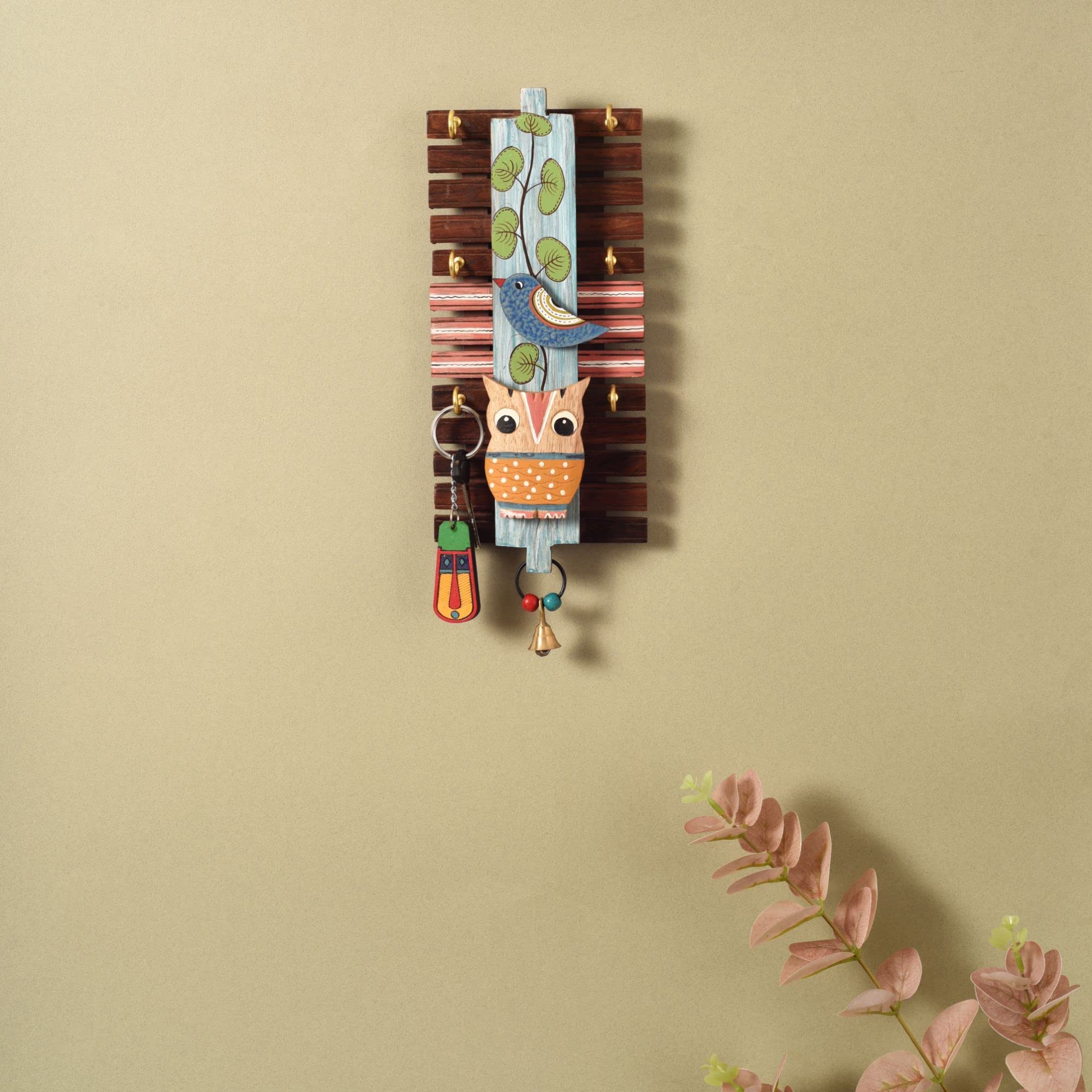 AAKRITI ART CREATIONS Key Holder, Handcrafted Warli Design Key Hanger | Rustic Rose Wood Wall Organizer with 6 Hooks | New Home 