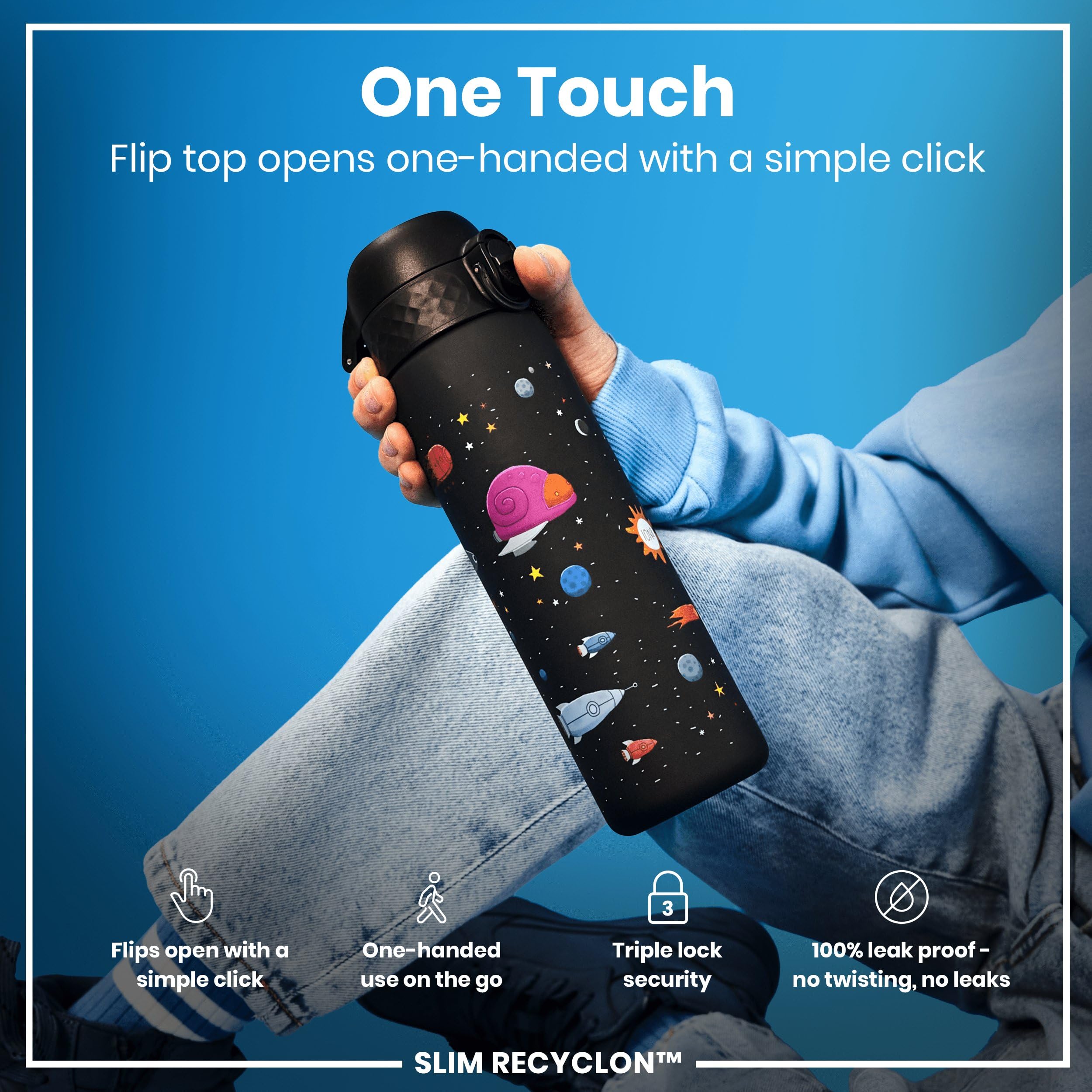 Ion8 Kids One Touch 20 On-The-go Printed Water Bottle - Leakproof and BPA-Free Water Bottle - Fits car cup Holders and Kids Backpacks 17 oz  500 ml - Space