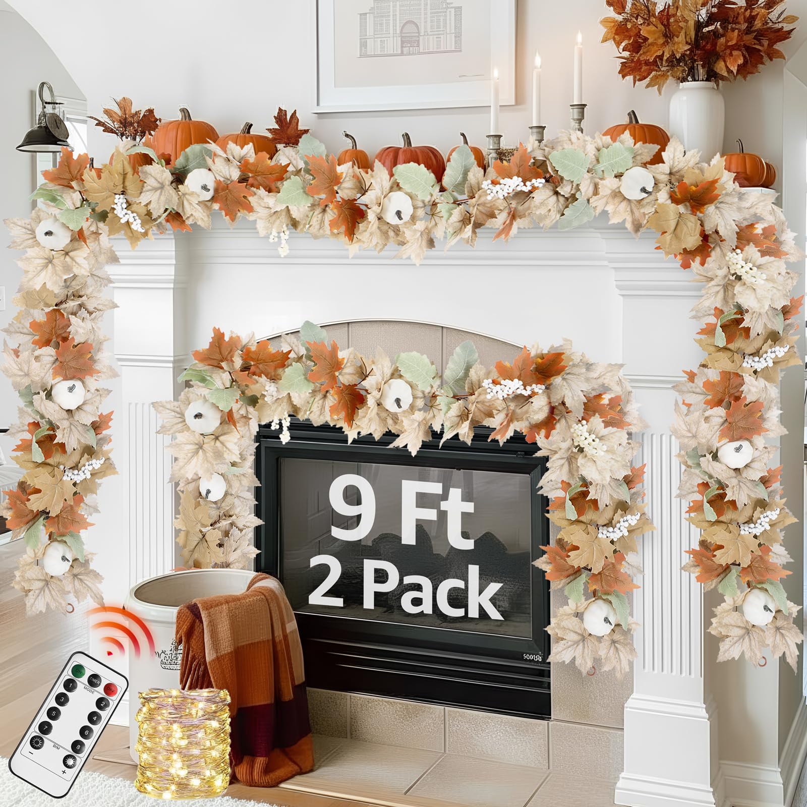 Neutral Fall Garland for Mantle Fireplace - 2 Pack Toatal 18Ft Outdoor Autumn Leaves Decor for Home Front Door with Pumpkins Ind