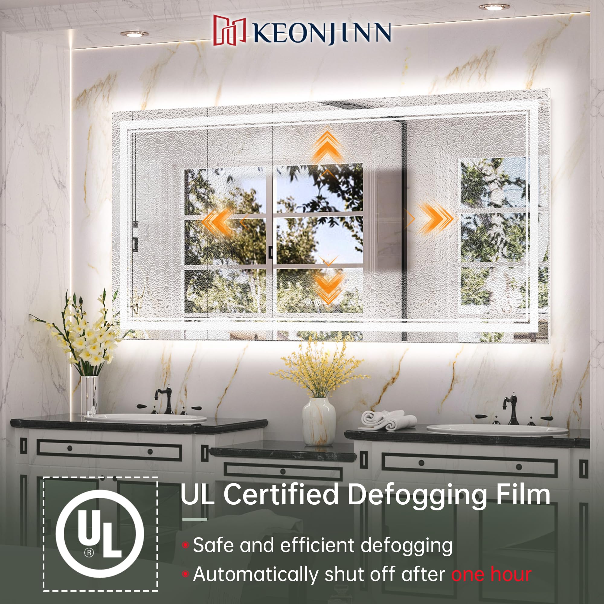 Keonjinn Led Mirror For Bathroom 60'' X 30'' Frontlit And Backlit, Large Stepless 3 Colors Temperature & Dimmable Wall Mirror, U