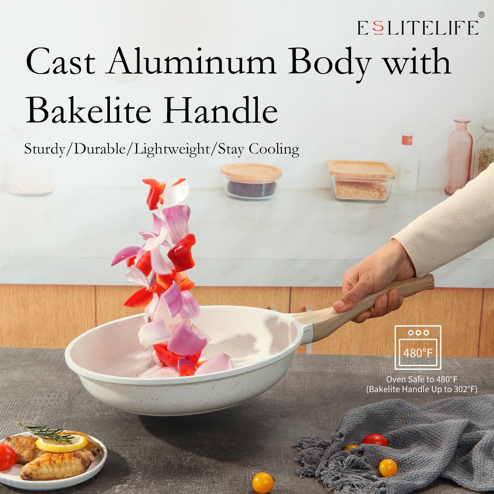 Eslite Life Nonstick Ceramic Frying Pan Skillet Set With Lids, Non-Toxic Egg Omelette Kitchen Cooking Pans Compatible With All S