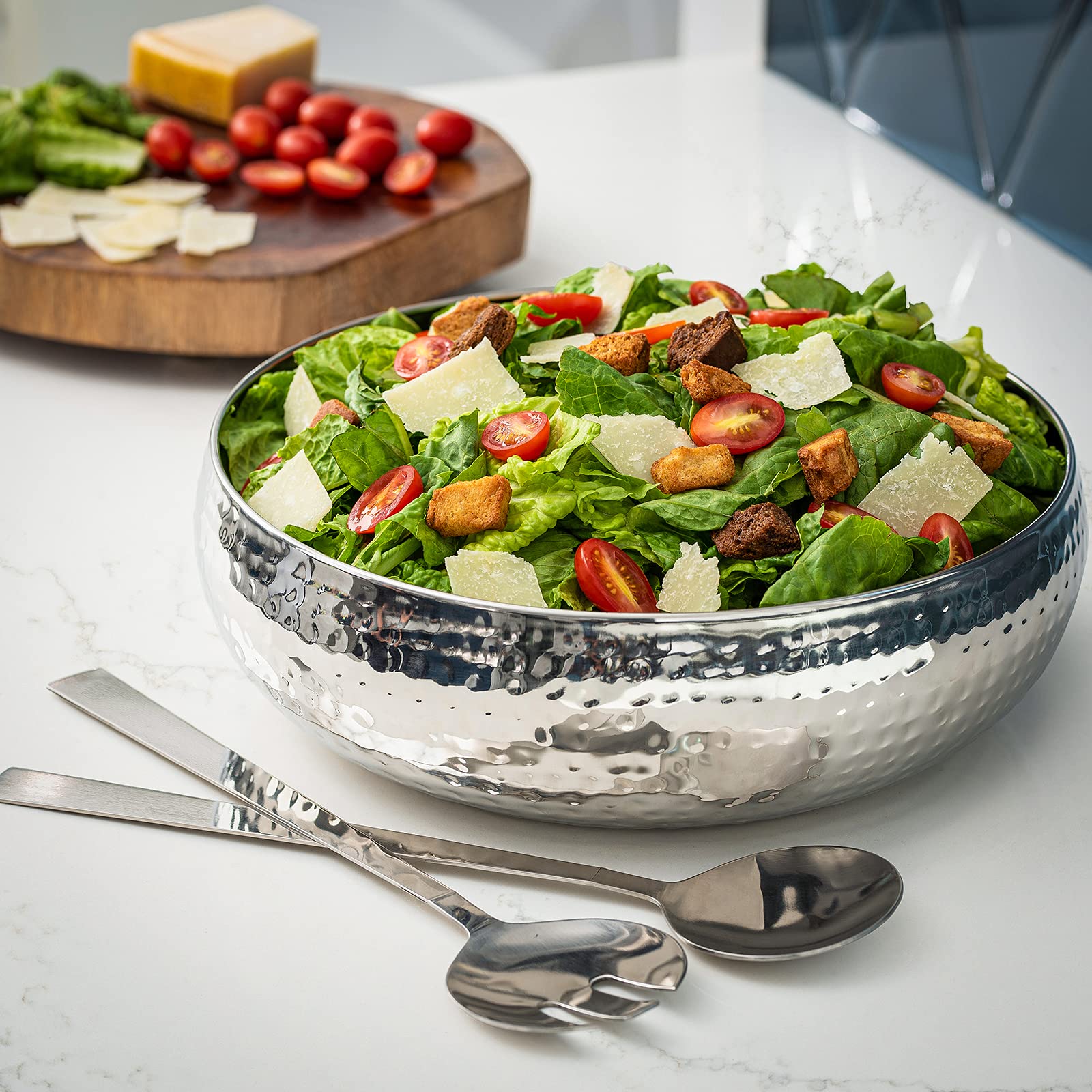 Colleta Home Salad Bowl And Serving Utensils - Hammered Detailing - Stainless Steel Mixing Bowls With Lids- Luxurious Serving Bo
