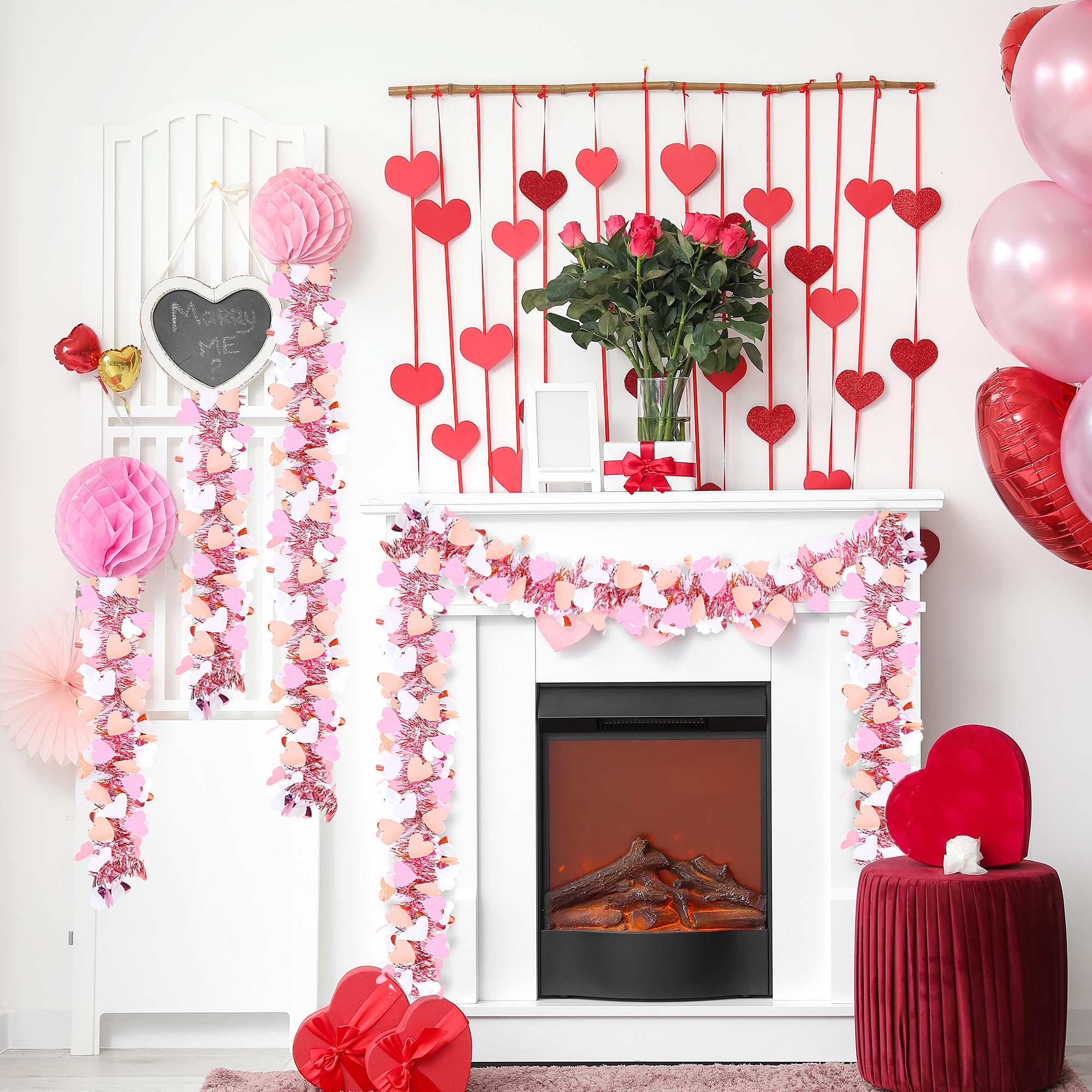 Sggvecsy 49.2Ft Valentines Day Heart Tinsel Garland Pink White Metallic Twist Garland Shining Ceiling Hanging Decorations for Va