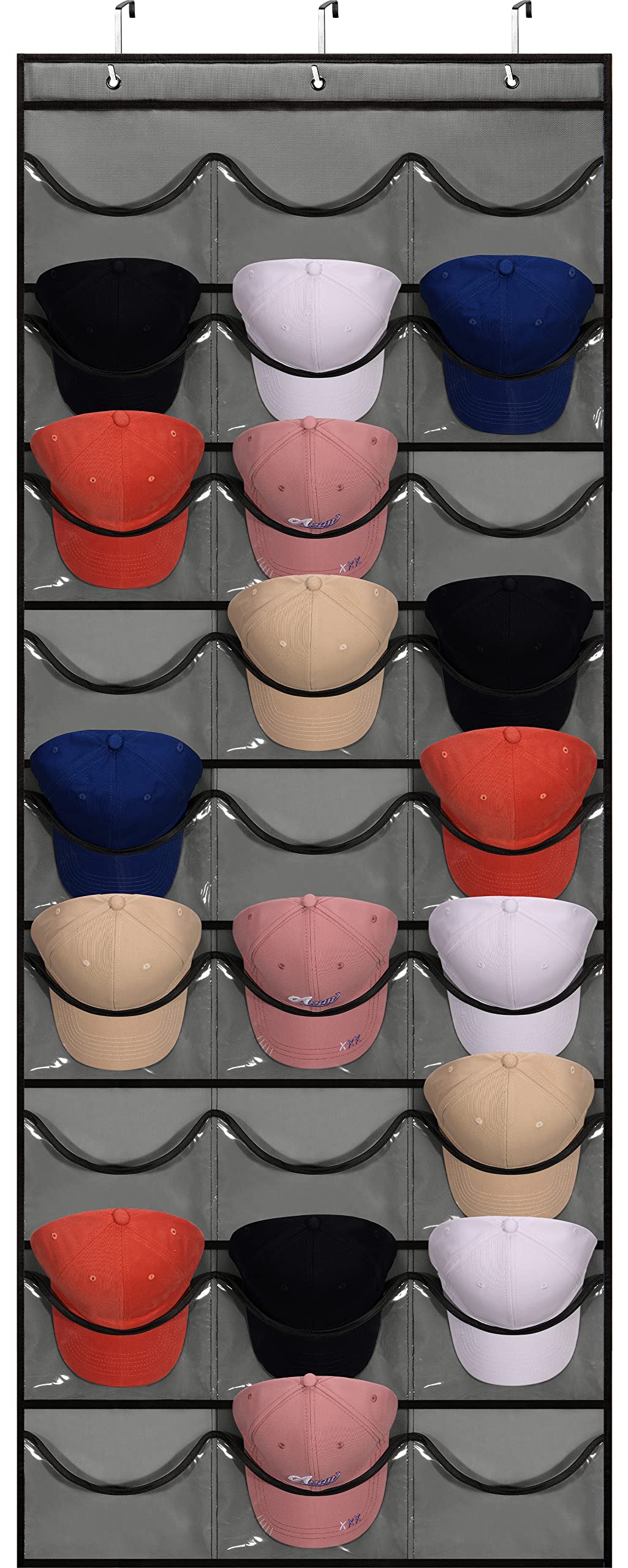 27 Pockets Hat Rack For Baseball Caps Hanging Hat Organizer Over The Door Hat Storage Organizer For Closet Wall With Large Clear