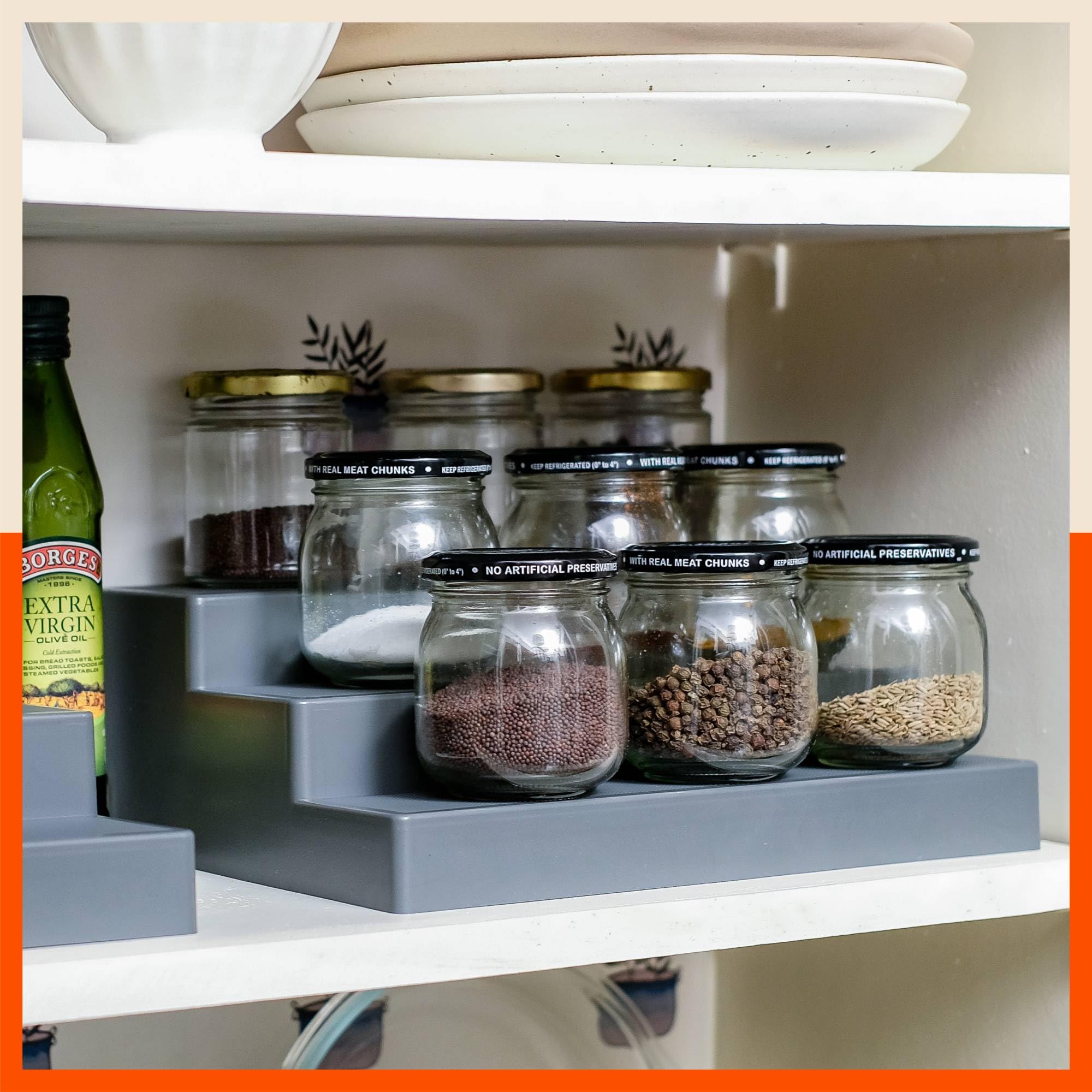 Bathla Plastic Shelf Organizer  (Set Of 2) MultiPurpose Display Cabinet For Kitchen, Home & Office | 3 Wide Steps | Spice Rack