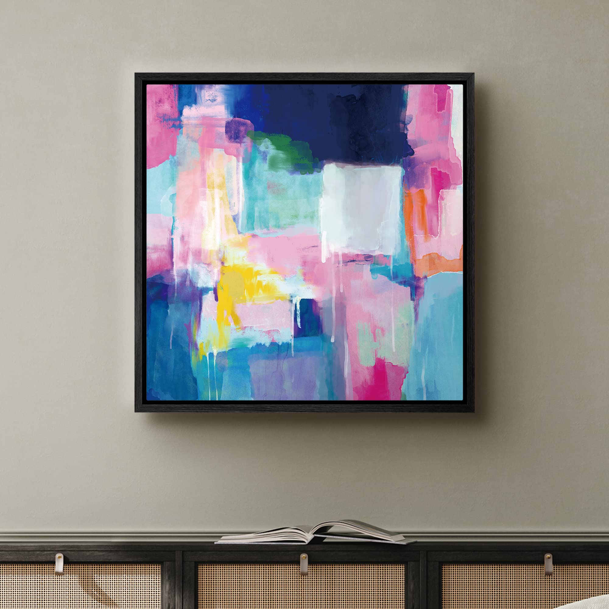 Signwin Framed Canvas Print Wall Art Pastel Pink, Teal, Blue & Orange Paint Strokes Abstract Shapes Illustrations Modern Art Rus