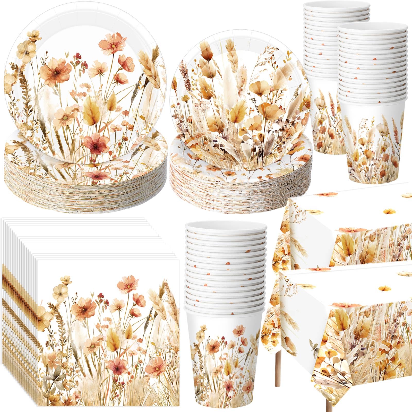 Layhit 202 Pcs Fall Wildflower Party Decoration Supplies Brown Floral Paper Plates Napkins Cups Butterfly Flower Tablecloth for 