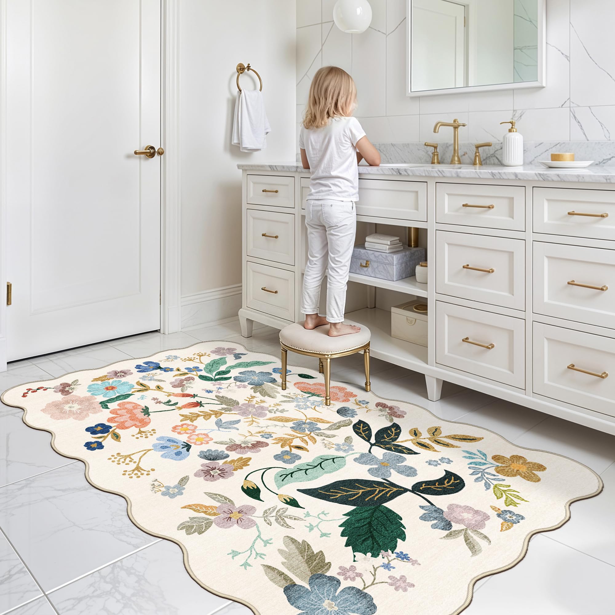 Washable 3x5 Entryway Area Rugs: Ultra Soft Floral Carpet for Kitchen Nursery Indoor Light-Weight Doormat Anti-Slip Elegance Rug