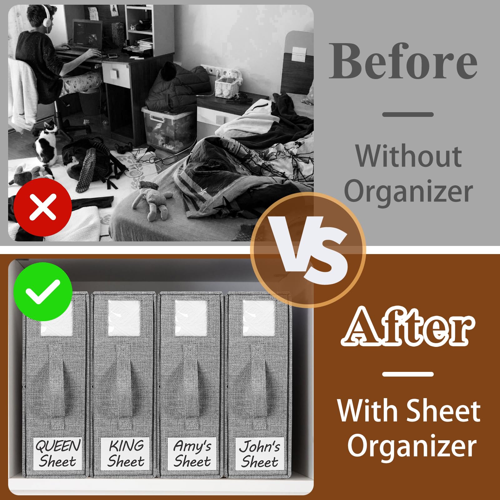 BUFOR Sheet Organizer for Linen Closet, Foldable Bed Sheet Organizers and Storage, (Queen & King Size) Sheet Storage Box (Grey,
