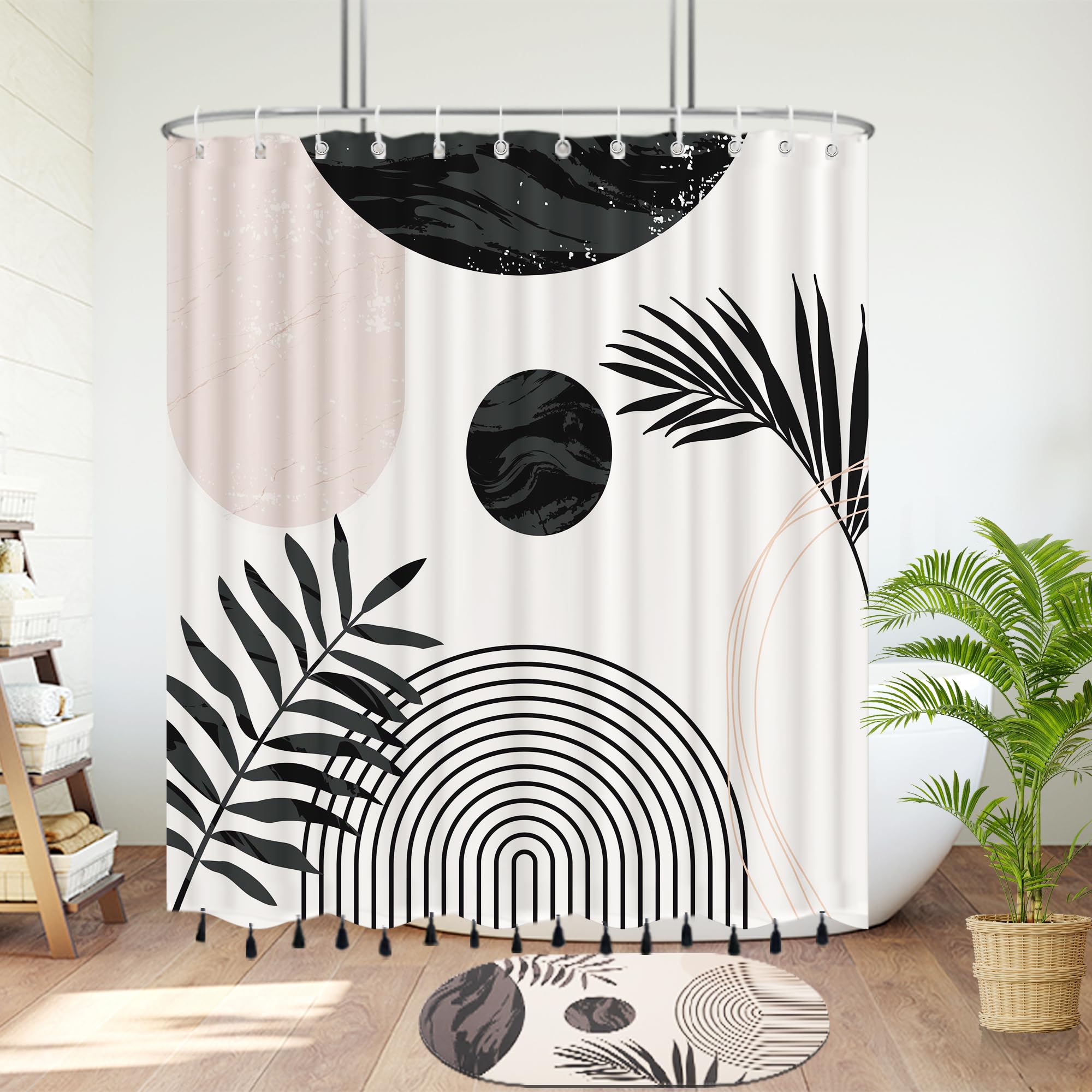 Giumsi 72'' X 78'' Boho Black And White Shower Curtain Sets,Mid-Century Design With Tassel Accents, Waterproof Polyester Bathroo