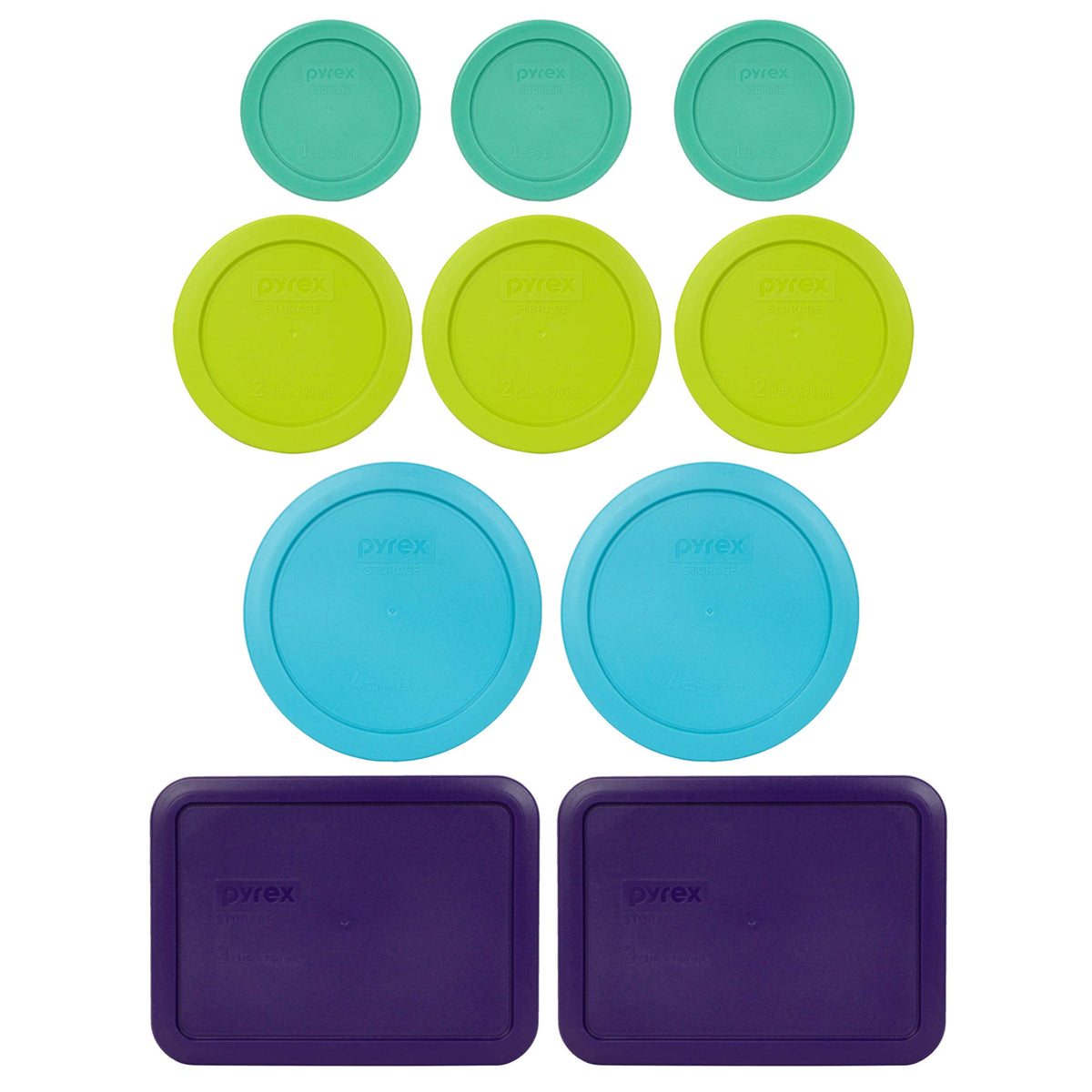 Pyrex (3) 7202-Pc 1 Cup Green (3) 7200-Pc 2 Cup Green Edamame (2) 7201-Pc 4 Cup Surf Blue (2) 7210-Pc 3 Cup Plum Purple Replacem