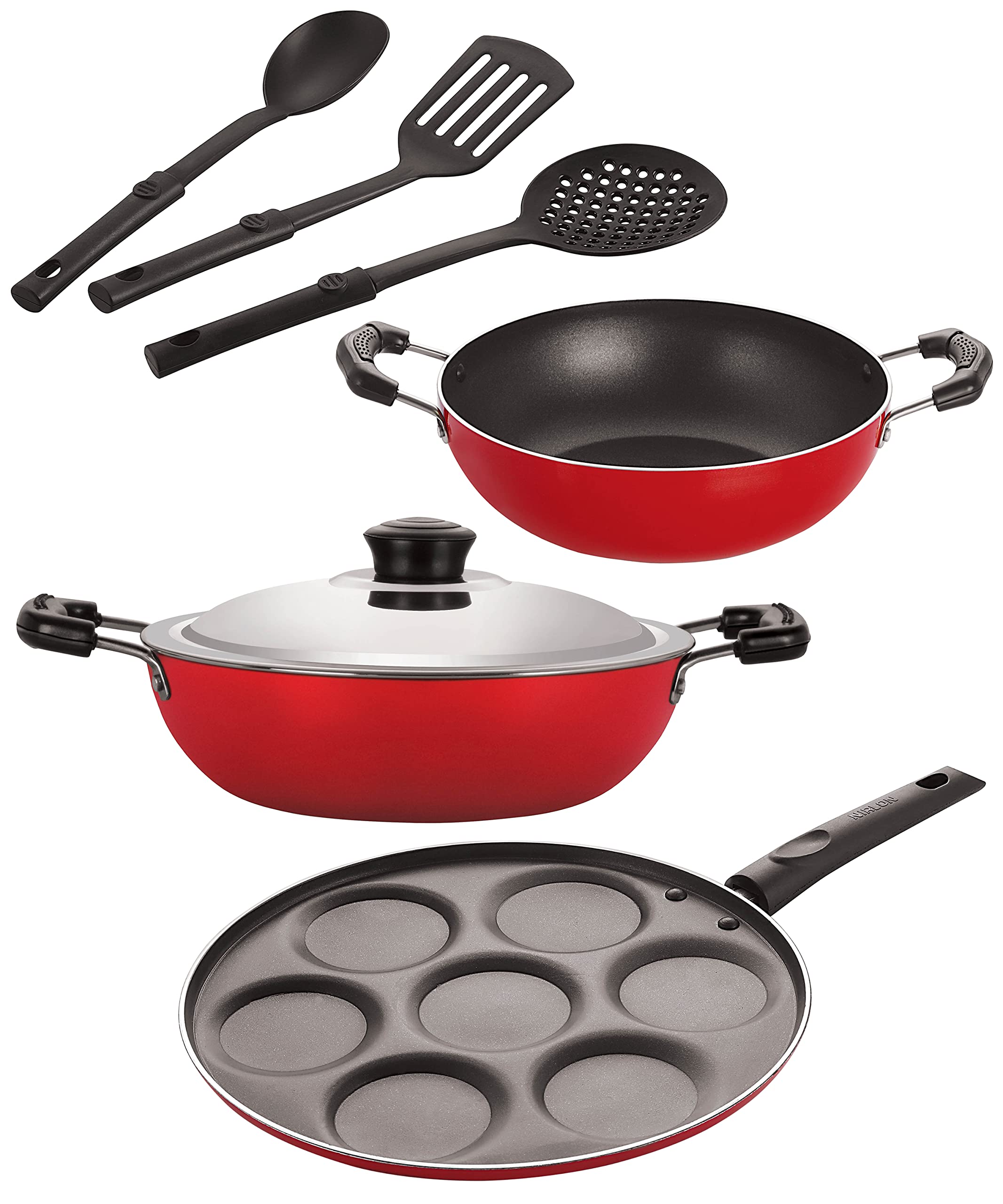 Nirlon Aluminium Nonstick Coated 6 Pcs Set Of Deep Kadhai22Cm,Kadhai22Cm,Uttapam7 Cavity & 3 Spoon (2.6Mm_Dkdm_Kd12_Up7_3Spn)