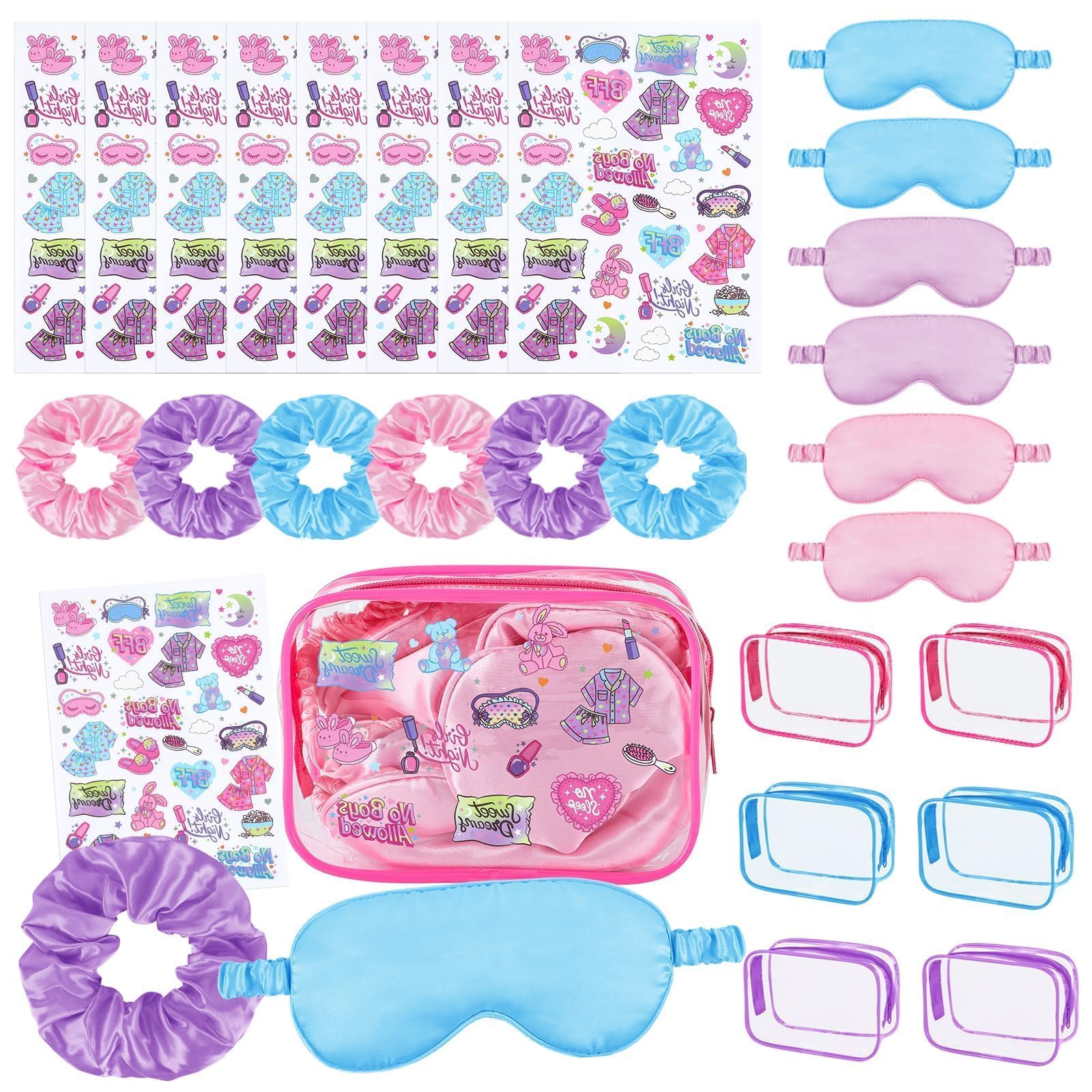 YLOLUL 24 Pcs Spa Sleepover Party Supplies for Girls Makeup Party Favor with Hair Scrunchies Clear Cosmetic Bags Eye Masks Sleep