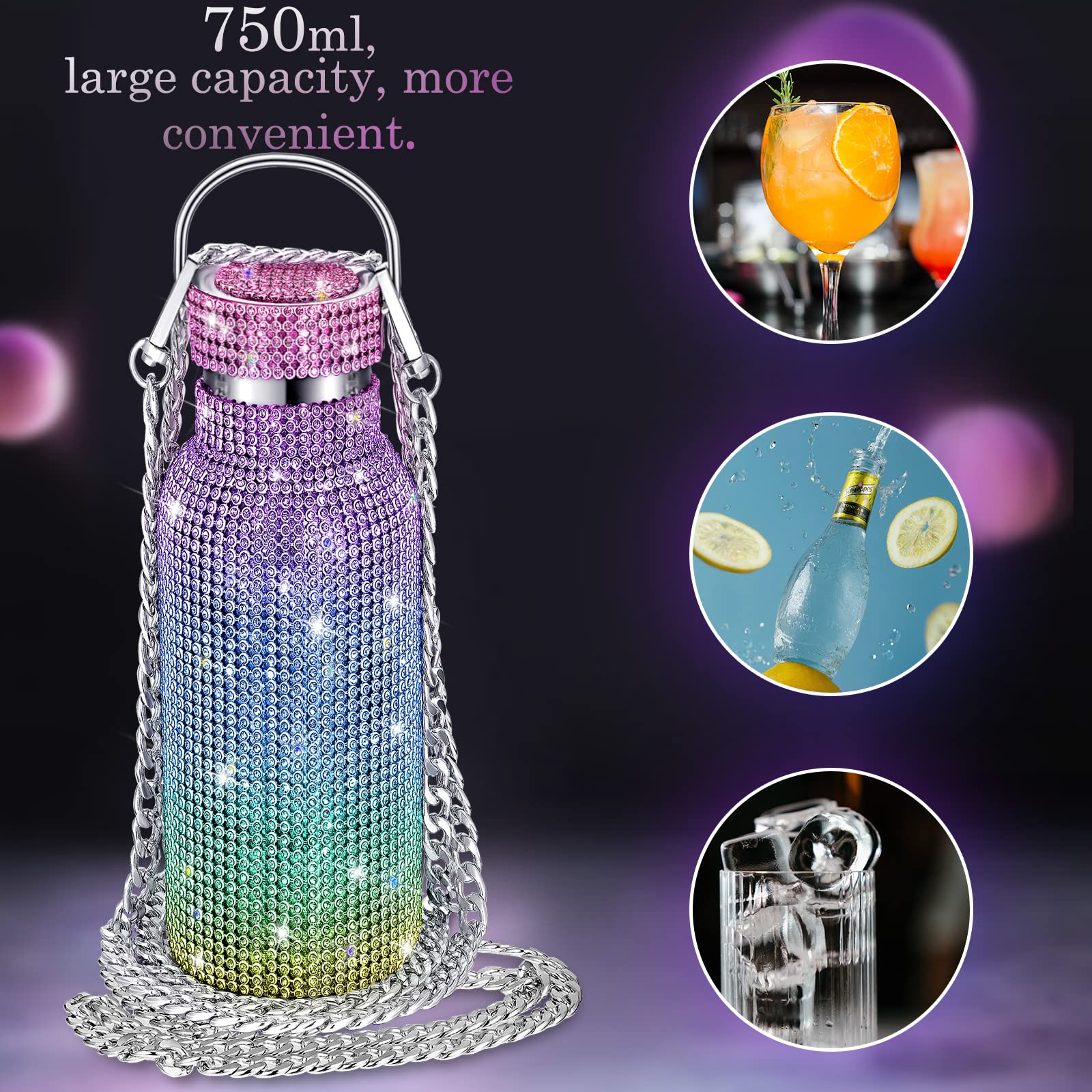 Diamond Water Bottle Bling Rhinestone Stainless Steel Thermal Bottle Refillable ,Insulated , Glitter Water Bottle With Chain For