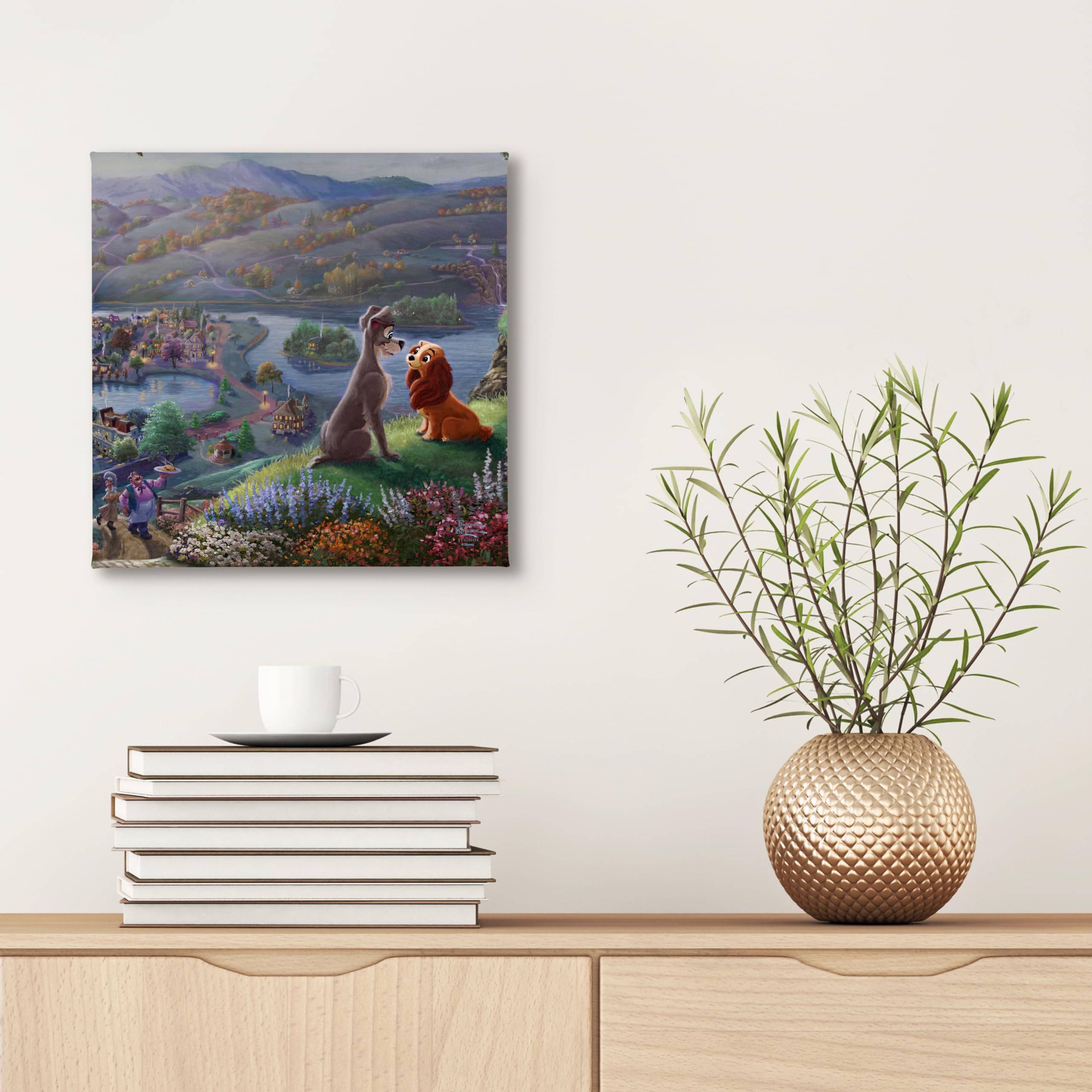Thomas Kinkade Disney Lady And The Tramp Falling In Love 14'' X 14'' Gallery Wrapped Canvas | Frameless Room Wall Art | Certific
