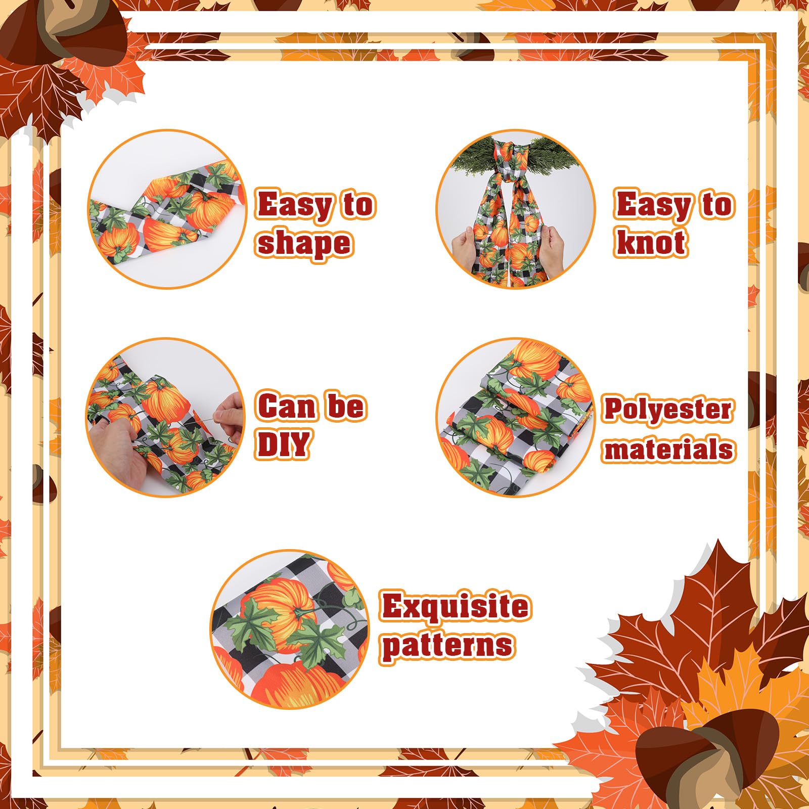 Pumpkin Wreath Sash for Front Door - 2 Pcs Orange Fall Sashes for Wreaths Autumn Home Decor, 60 Inch Black White Plaid Wreath Sa