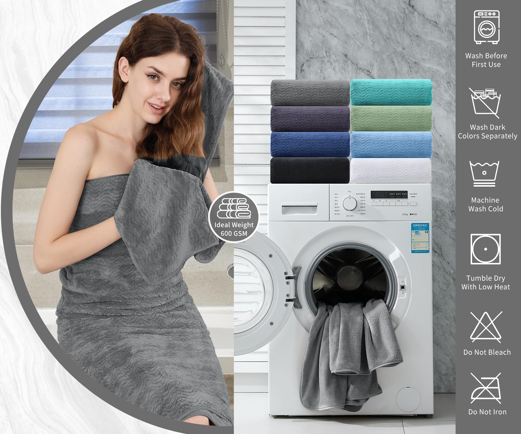 4 Piece Bath Towel Oversized Bath Sheet 35''x70'' Grey Bathroom Towel Extra Large Bath Towel Set Highly Absorbent Quick Dry Premium Towel for Bathroom Spa Gym Hotel 600GSM Shower Towel for Daily Use