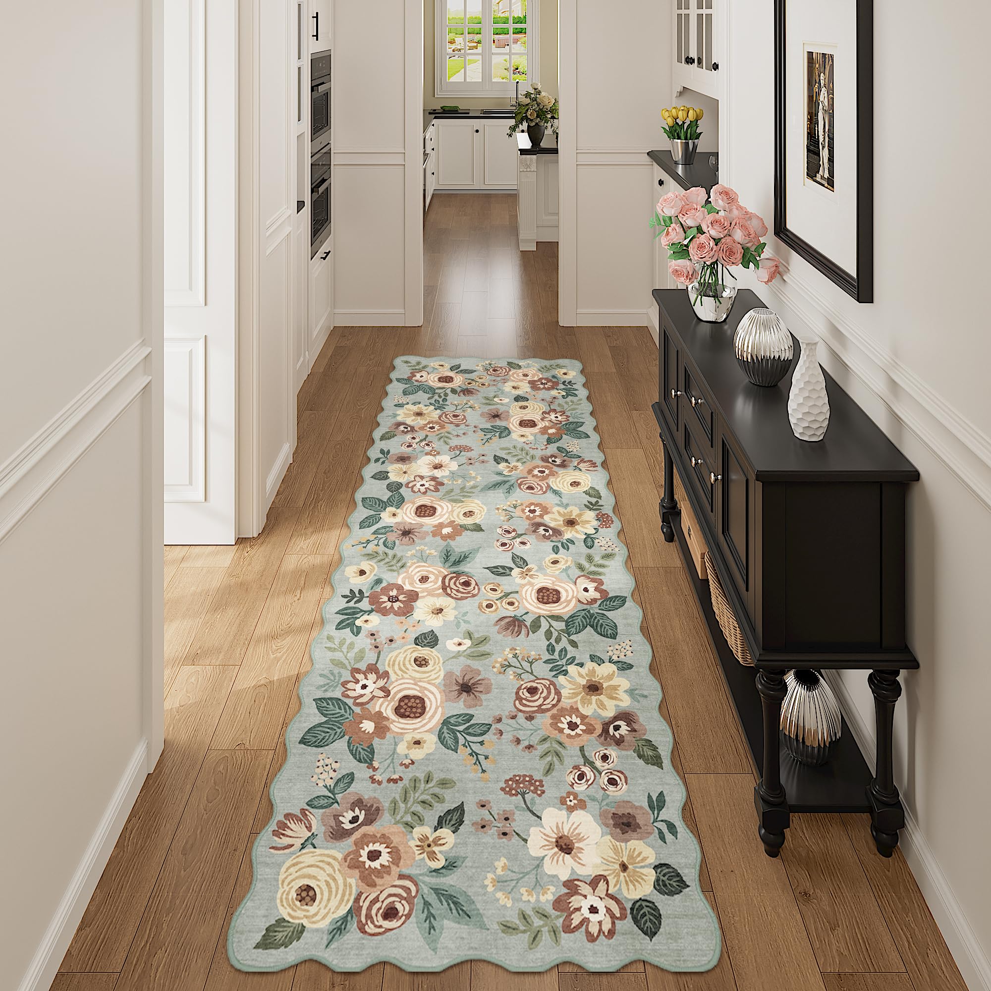 DUKINO 2x10 Runner Rug for Hallway, Washable Kitchen Rug with Non Slip Backing & Non-Shediing, Soft Low Pile Floral Design Runne