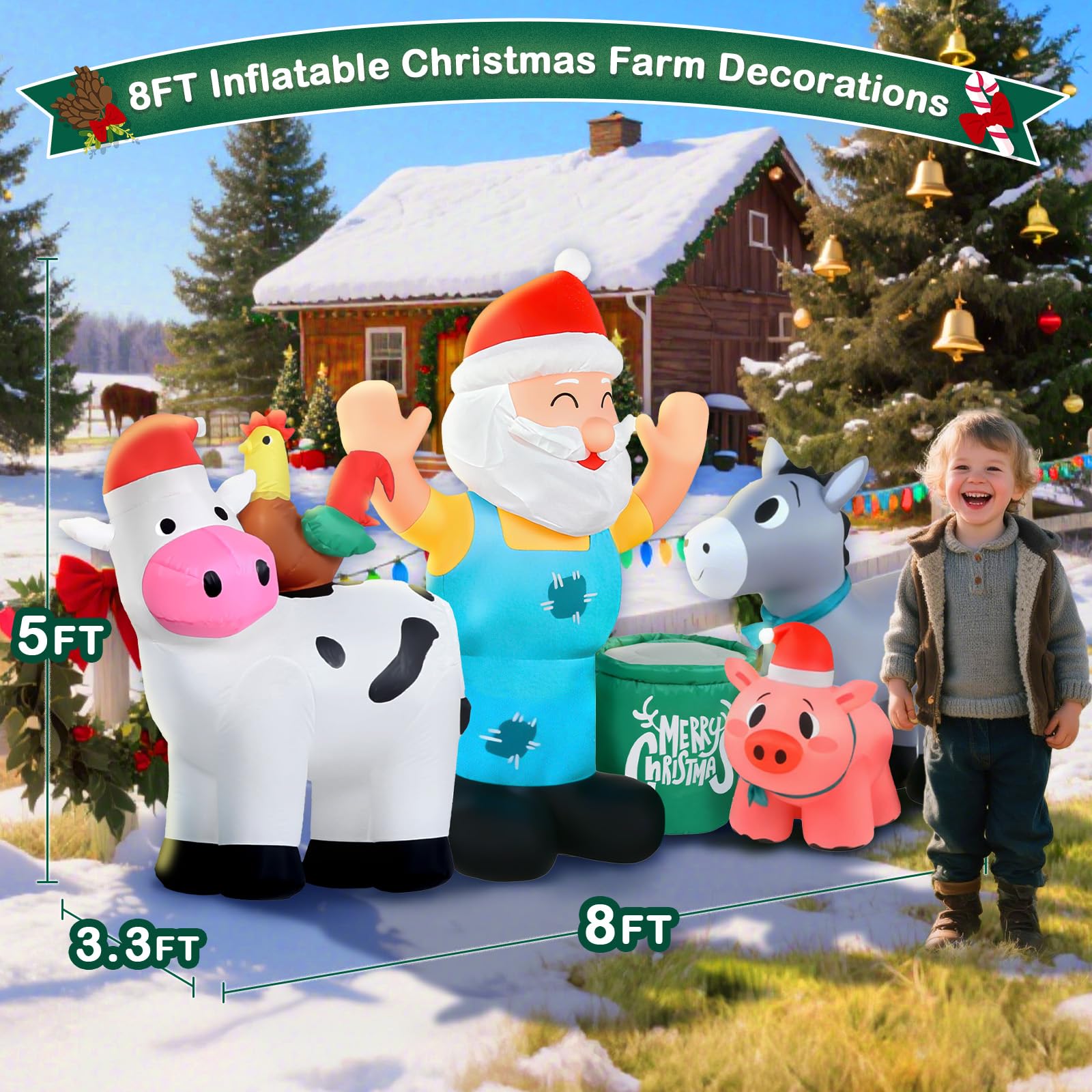 Zeepair Christmas Inflatables 8FT Santa Farm Animals with LED Lights - Multicolor Polyester Yard Decoration