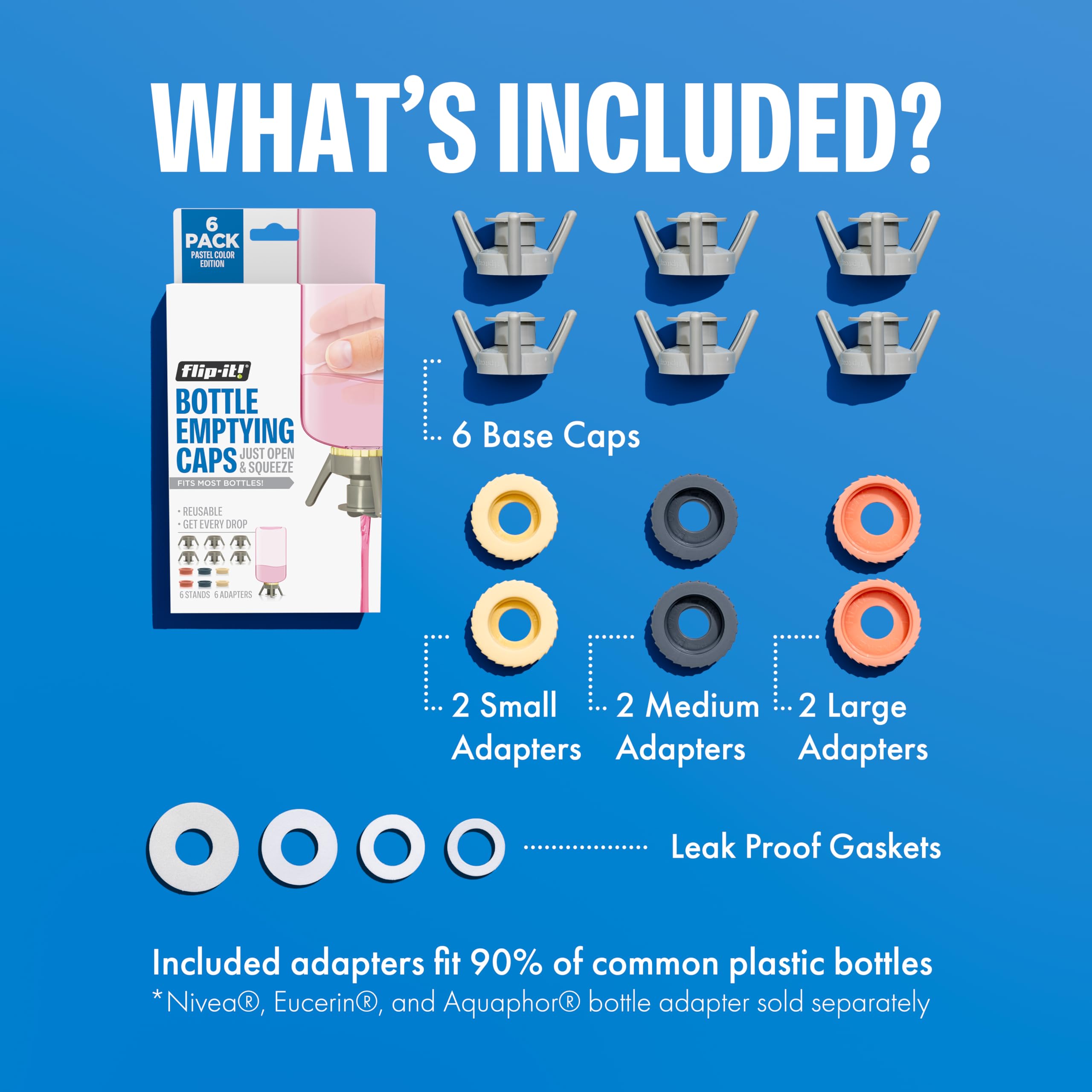 Flip-It! Bottle Emptying Kit - 6 Bottle Pack - No More Wasted Product - Fits Most Plastic Bottles - 6 Base Caps, 6 Adapters - Pa