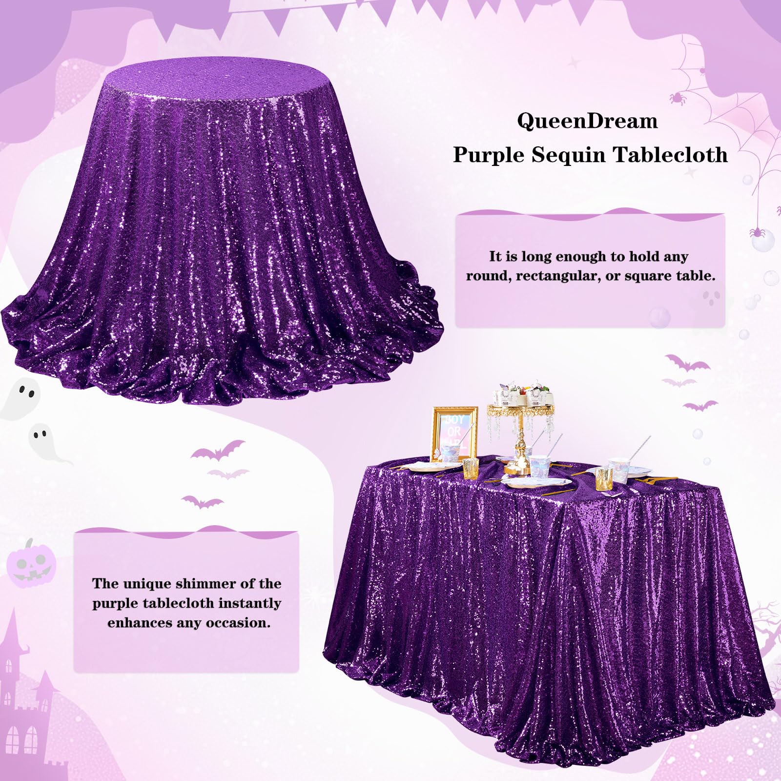 Queendream Purple Tablecloth Sequin Fabric Table Cloths 90X90 Inch Halloween Party Decorations Purple Overlay Drapes Birthday Pa