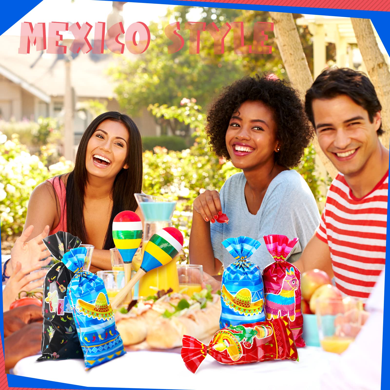 120 Pieces Mexican Party Treat Bags Mexican Theme Party Favor Cello Plastic Candy Goodie Bag with 150 Golden Twist Ties for Party Supplies (Mexican Fiesta Style)