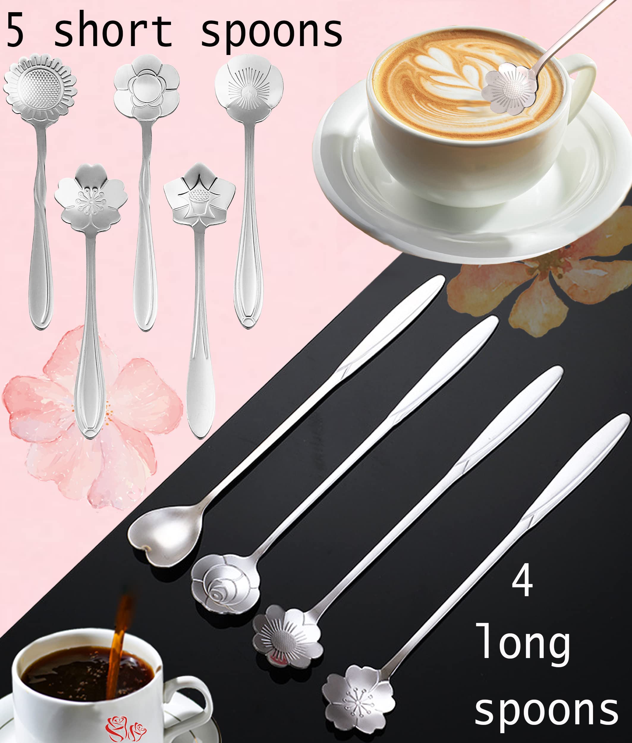9 Pcs Flower Spoon Coffee Teaspoon Set, Esrise Stainless Steel Tea Spoon Dessert Spoon, Cute Demitasse Spoon For Drink Mixing Mi