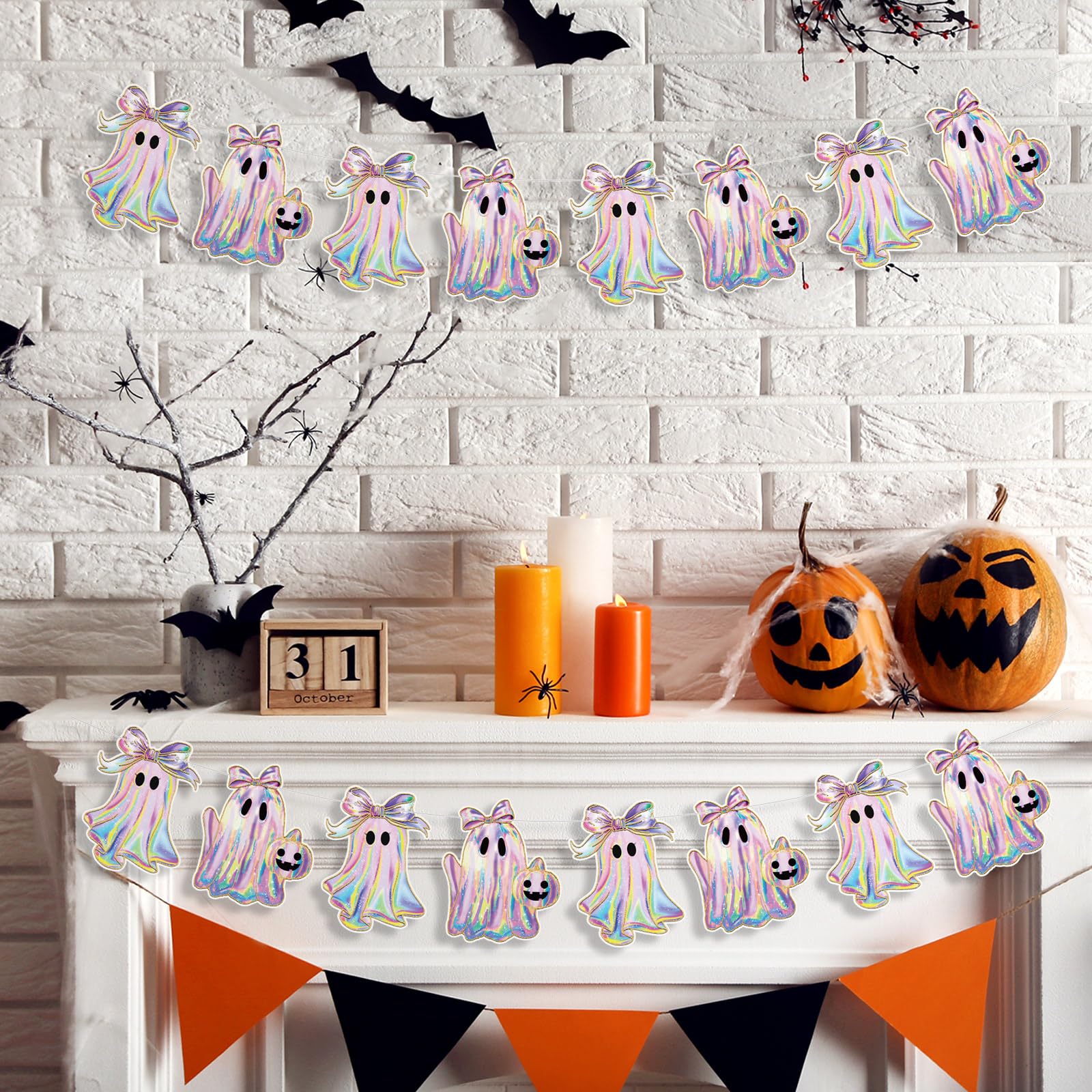 Oudain 2 Pack Halloween Ghost Garland 6.56 ft Iridescent Ghost Decor Laser Cute Boo Holographic Paper Bow Hanging Banner for Hal