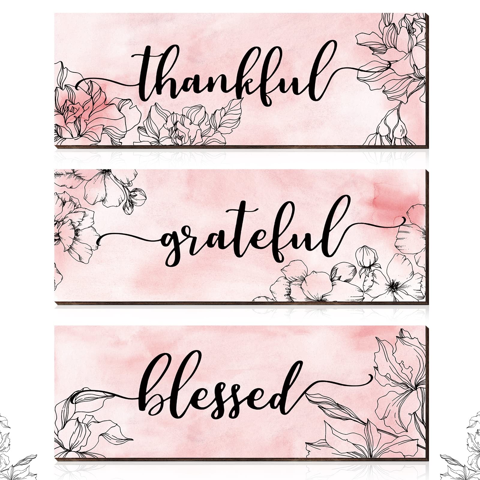 3 Pieces Pink Wall Decor Floral Wooden Wall Art Pink Thanksgiving Thankful Grateful Blessed Wall Decor Inspirational Farmhouse W
