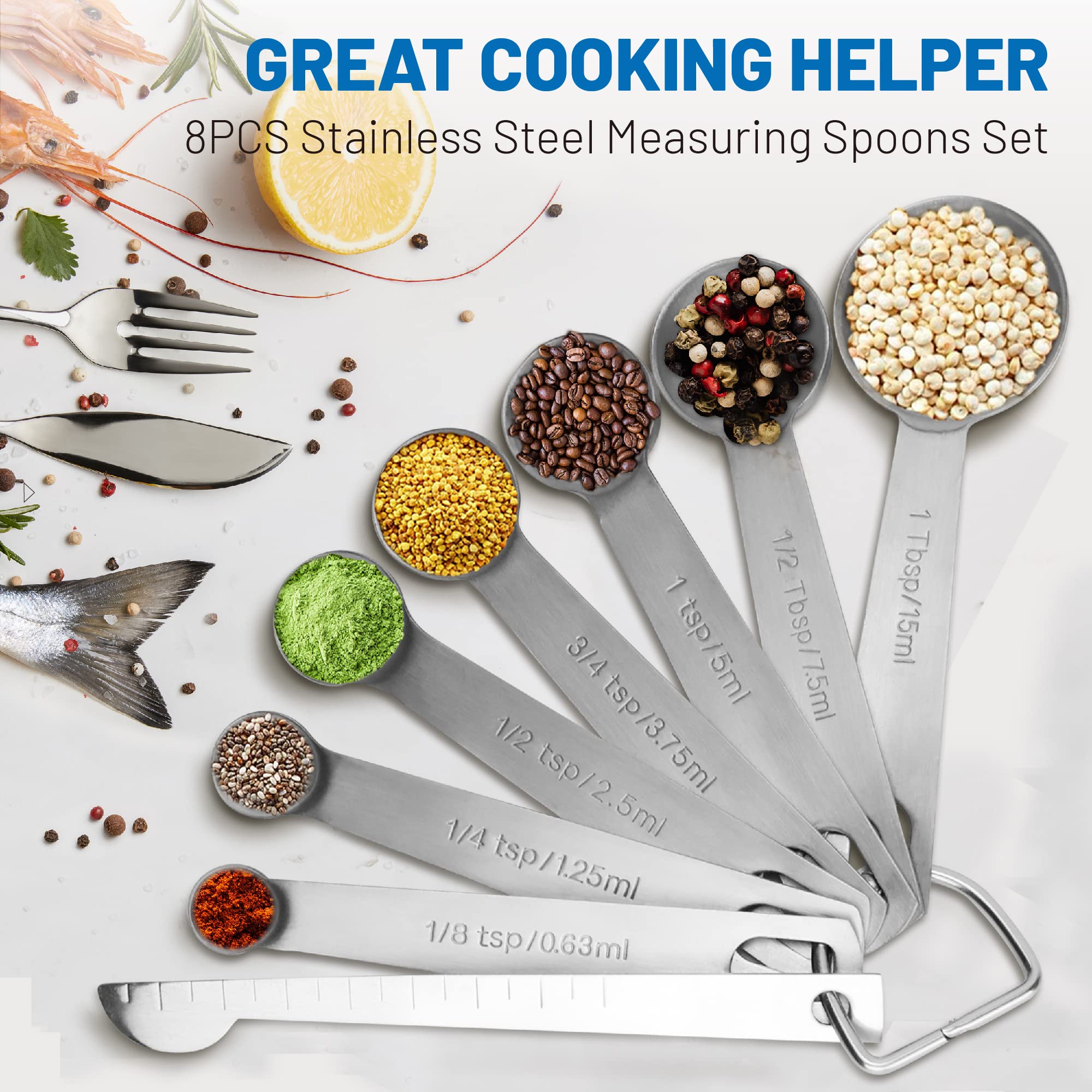 8Pcs Measuring Spoons, Premium Heavy Duty 18/8 Stainless Steel Measuring Spoons Cups Set, Small Tablespoon With Metric And Us Me