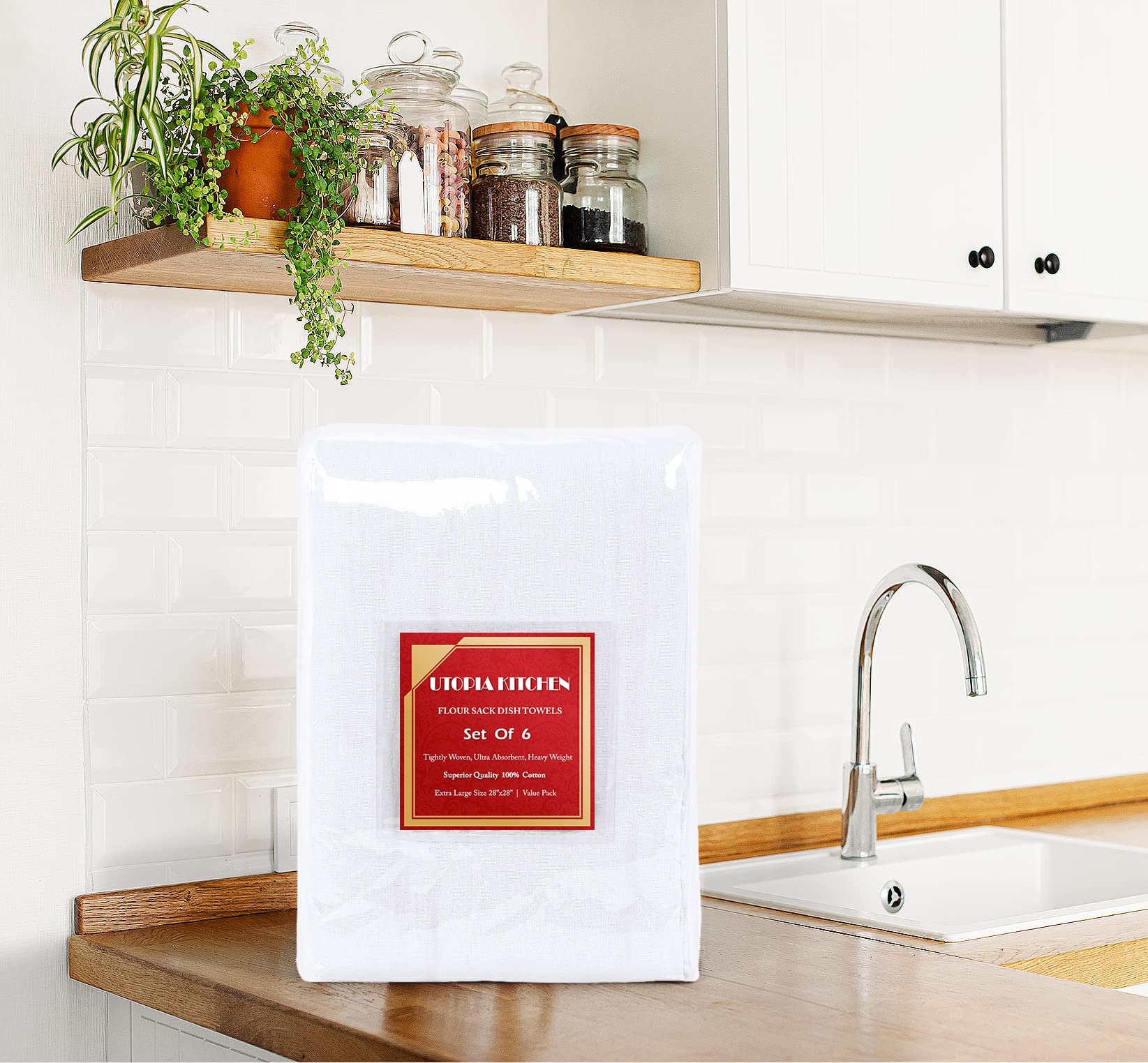 Utopia Kitchen 6 Pack Flour Sack Tea Towels, 28 X 28 Ring Spun 100% Cotton Dish Cloths - Machine Washable - For Cleaning & Dryin
