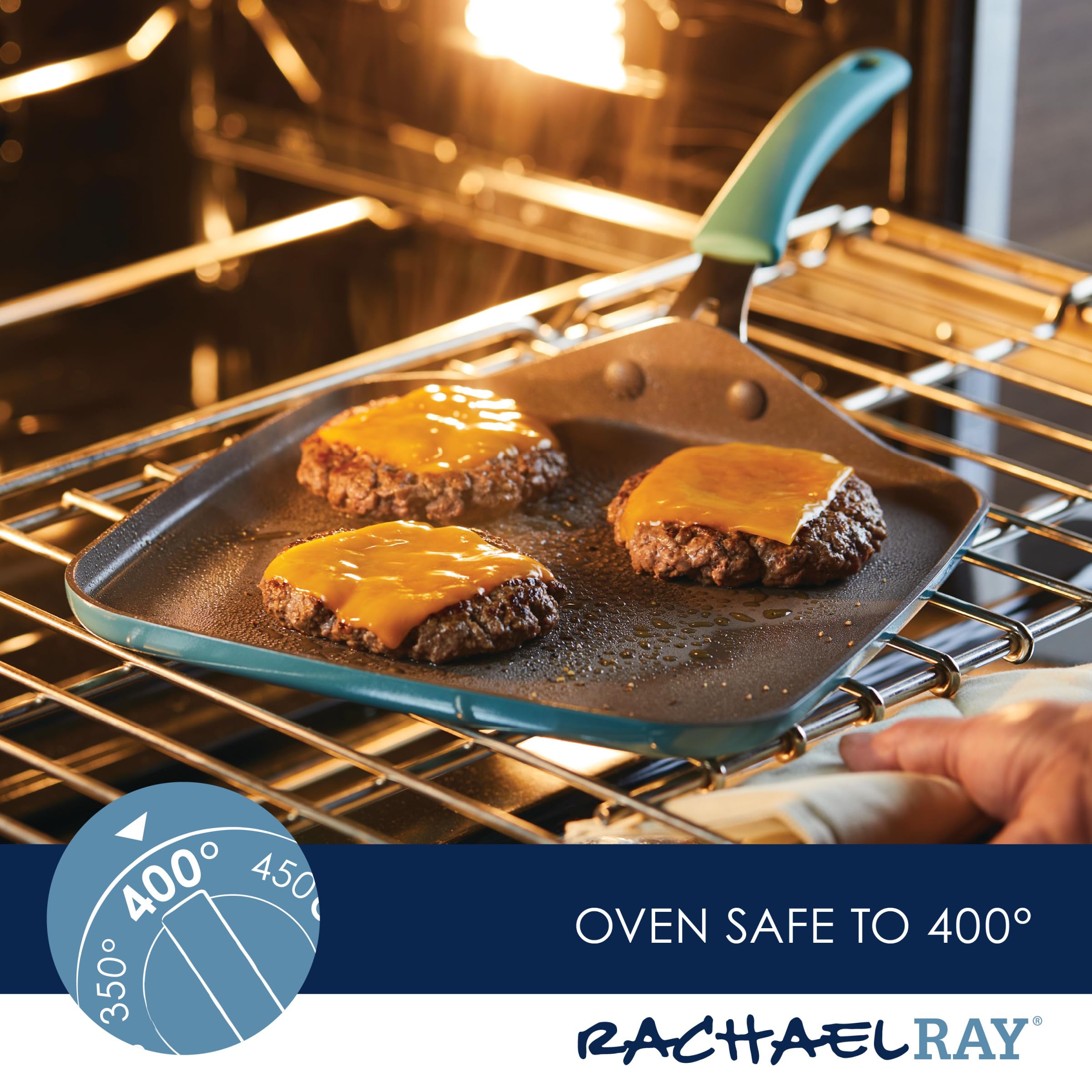 Rachael Ray Cook + Create Nonstick Stovetop Griddle/Grill Pan, Square, 11 Inch, Agave Blue
