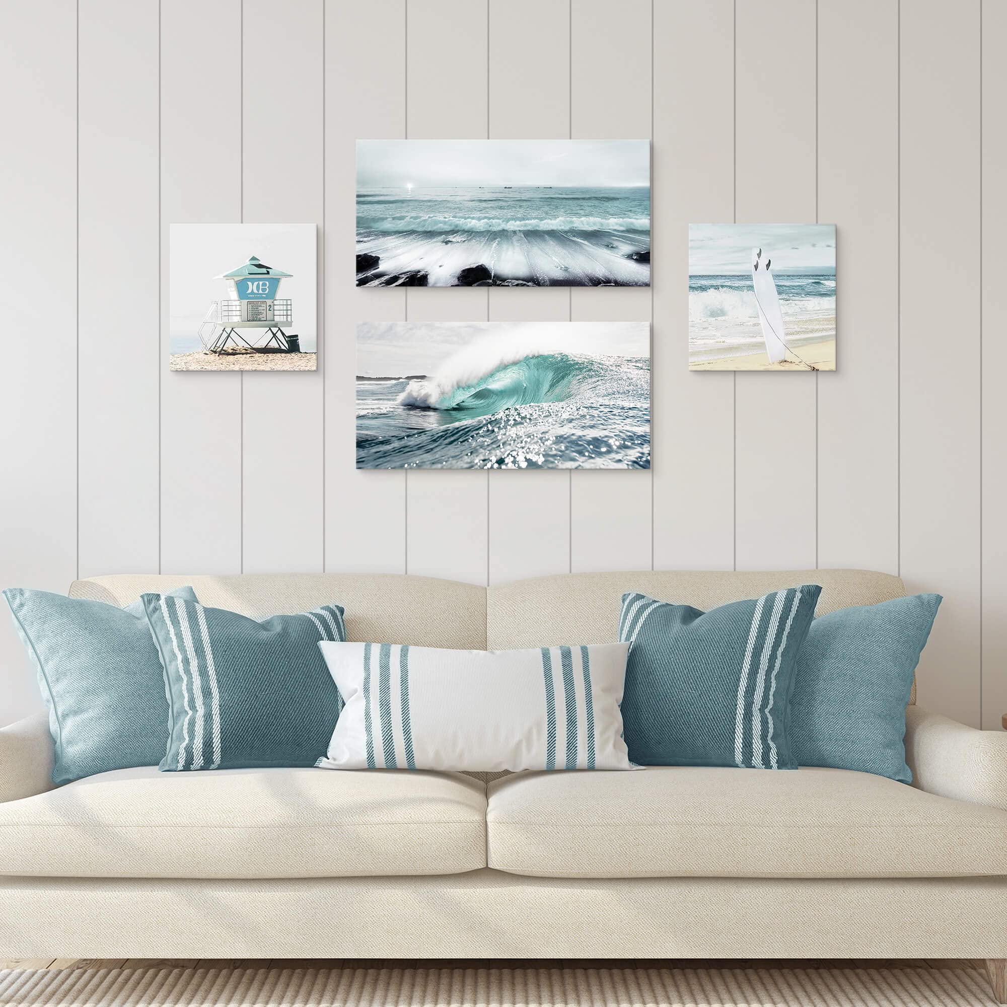 Summer Melody Surf Ocean Canvas Wall Art: 4 Pieces Bedroom Beach Surfboard Pictures Blue Sea Wave Seaside Scenery Painting Tropi