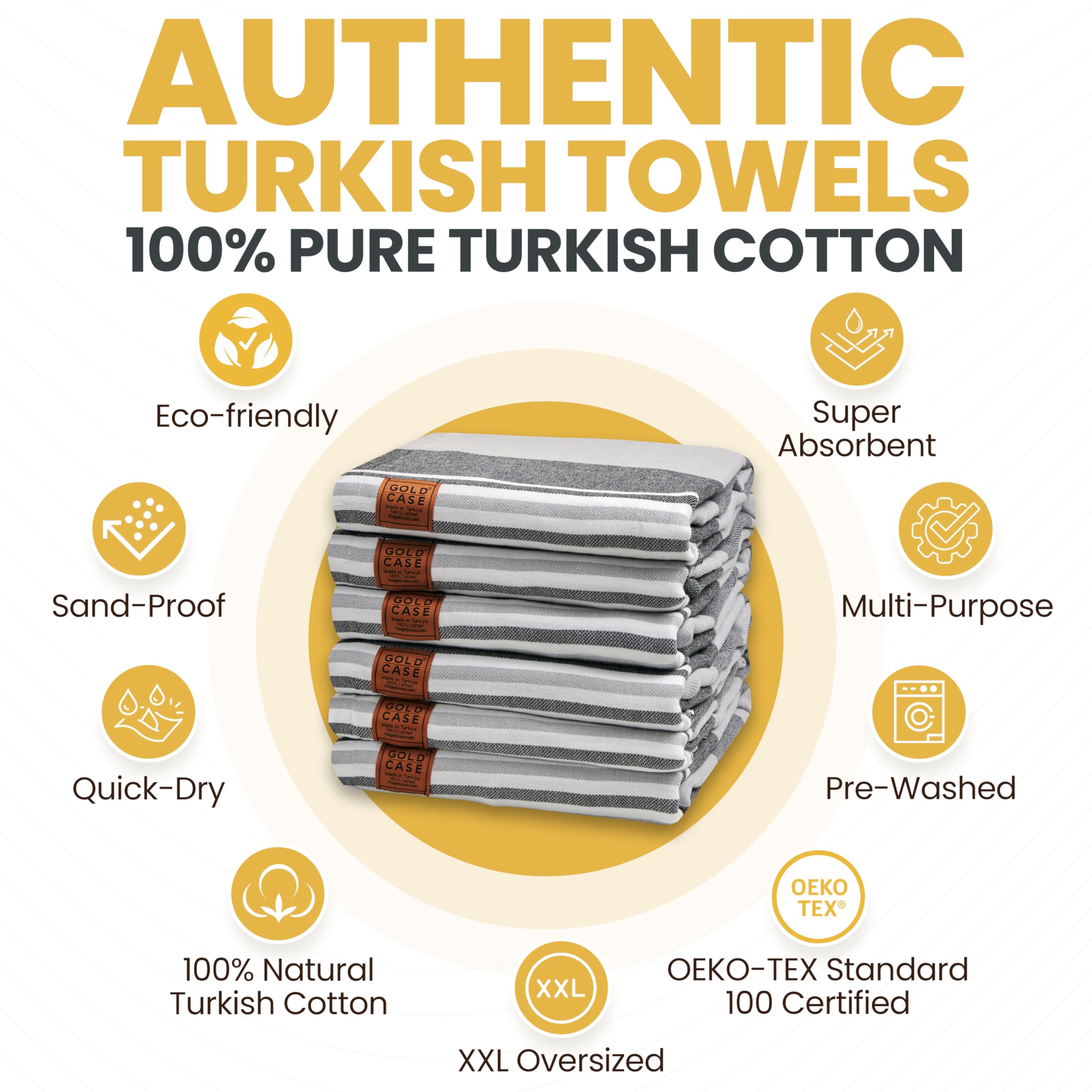 Gold Case Turkish Beach Towel Set Of 6-100% Cotton Beach Towels Oversized 70 X 38''- Olympos Extra Large Beach Towels - Quick Dr