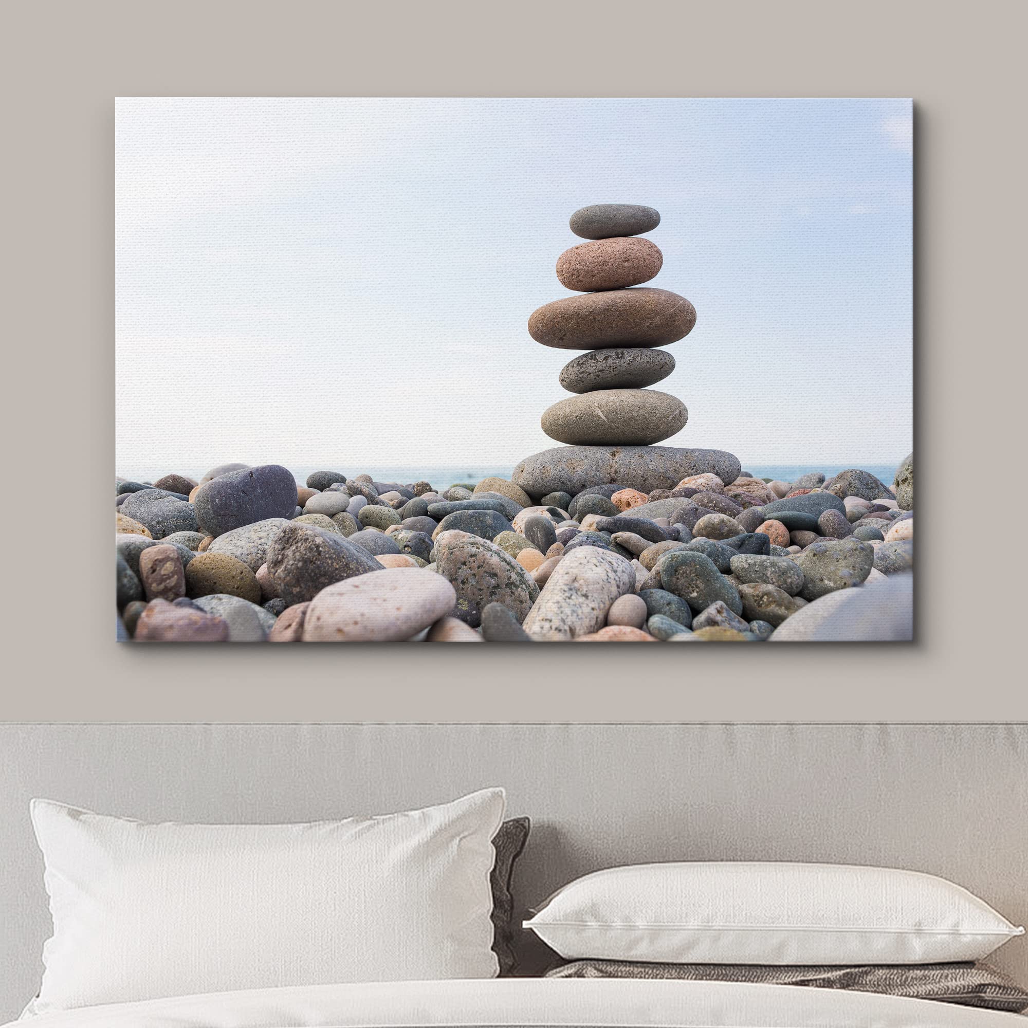 Wall26 - Canvas Prints Wall Art - Zen Stones Balance, Pebbles Stack Over Blue Sea | Modern Wall Decor/Home Decoration Stretched