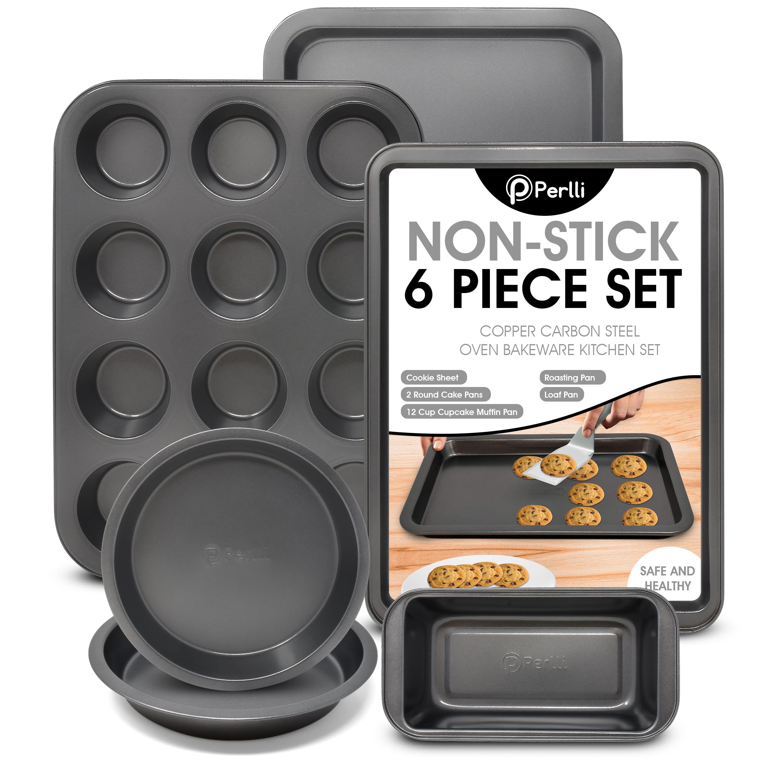 PERLLI NonStick 6Piece Bakeware Set  Carbon Steel with Even Heat Distribution, Oven Safe to 446F, BPAFree, Dishwasher Safe, 