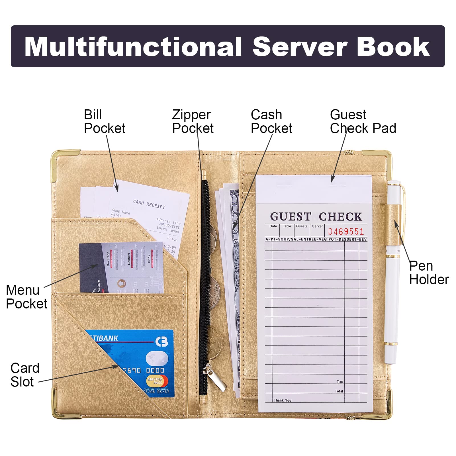 Server Book  Bienbee Waitress Book Black Server Books for Waitress Waiter Book with Money Zipper Pocket Serving Book Server Notepad Waitress Accessories
