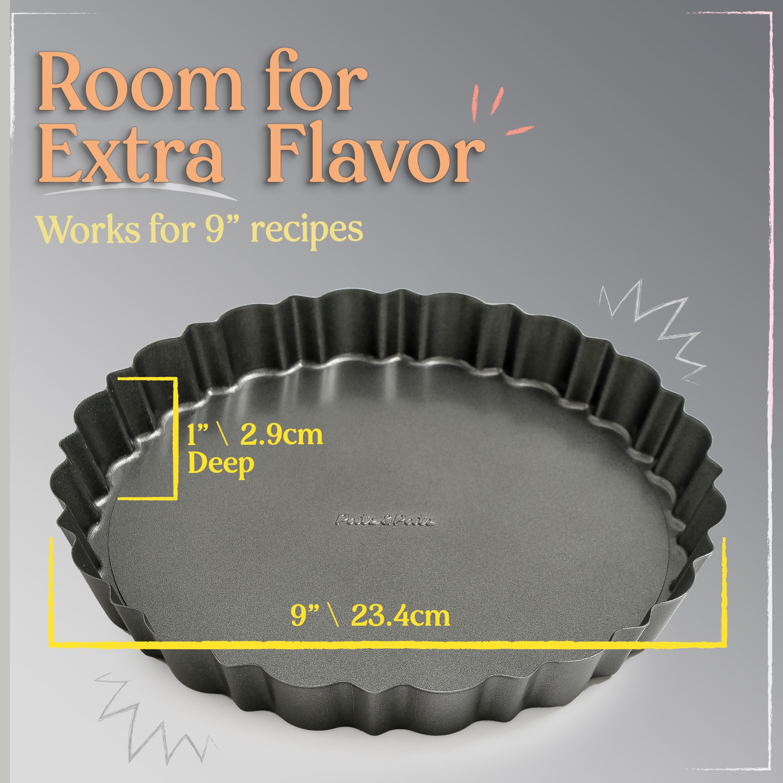 Patz&Patz Fluted Tart Pan With Removable Bottom - 9 In. Nonstick Carbon Steel Pie Pan With Crust Shaper Ring - For Pies, Tarts,