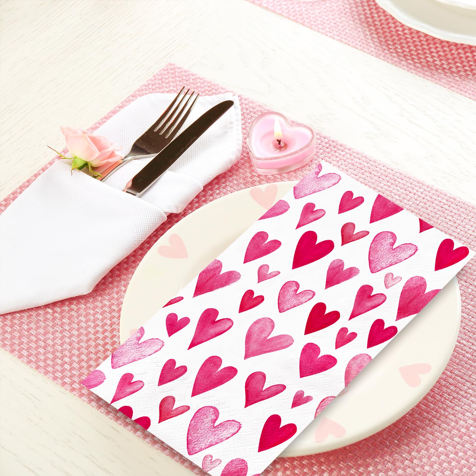 Anydesign 50Pcs Valentine'S Day Guest Napkins Disposable Pink Watercolor Heart Paper Napkins Sweet Love Dinner Hand Napkins For
