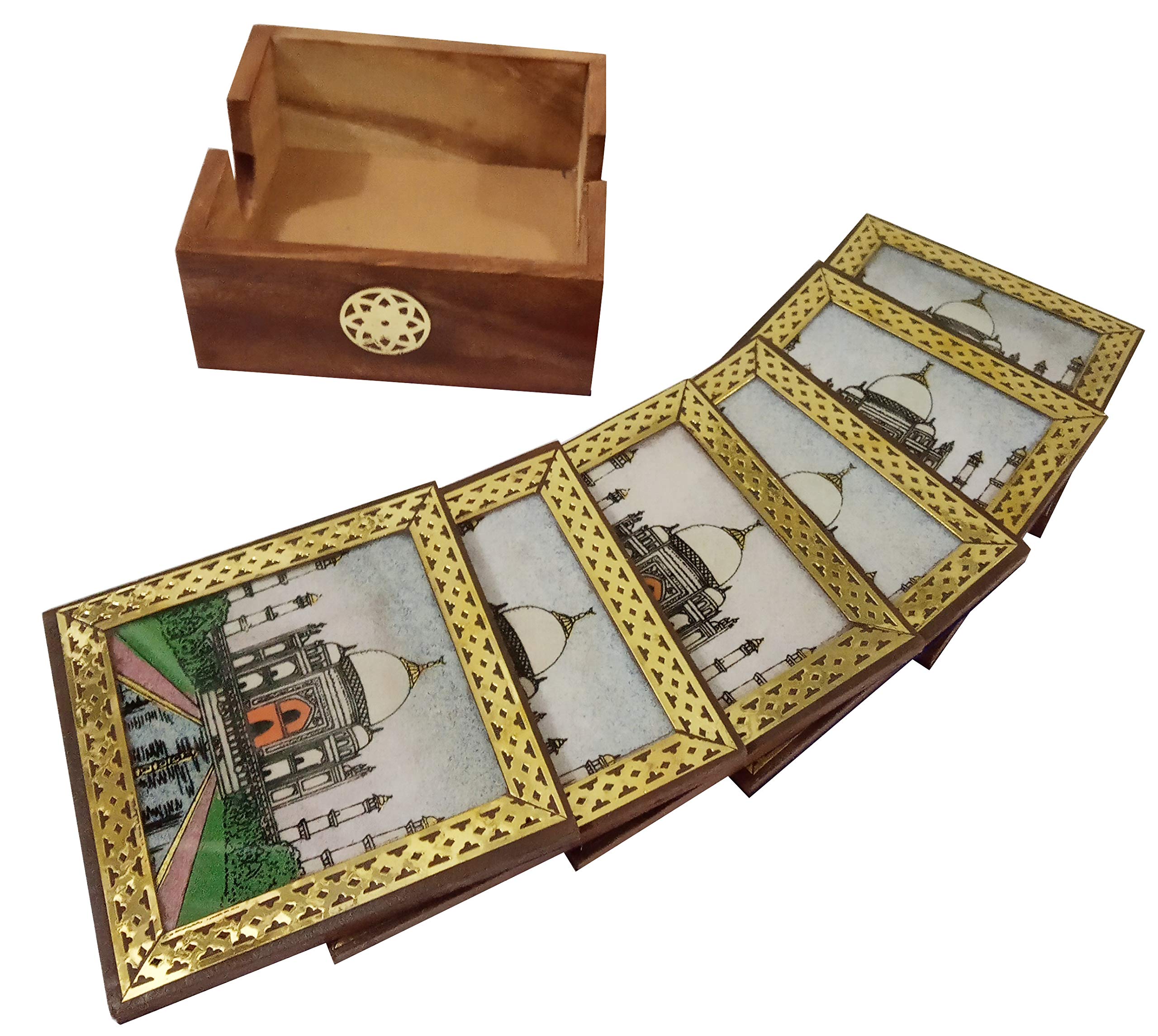 Purpledip Pinewood Gemstone Coasters (Set Of 6): Taj Mahal (10716A)