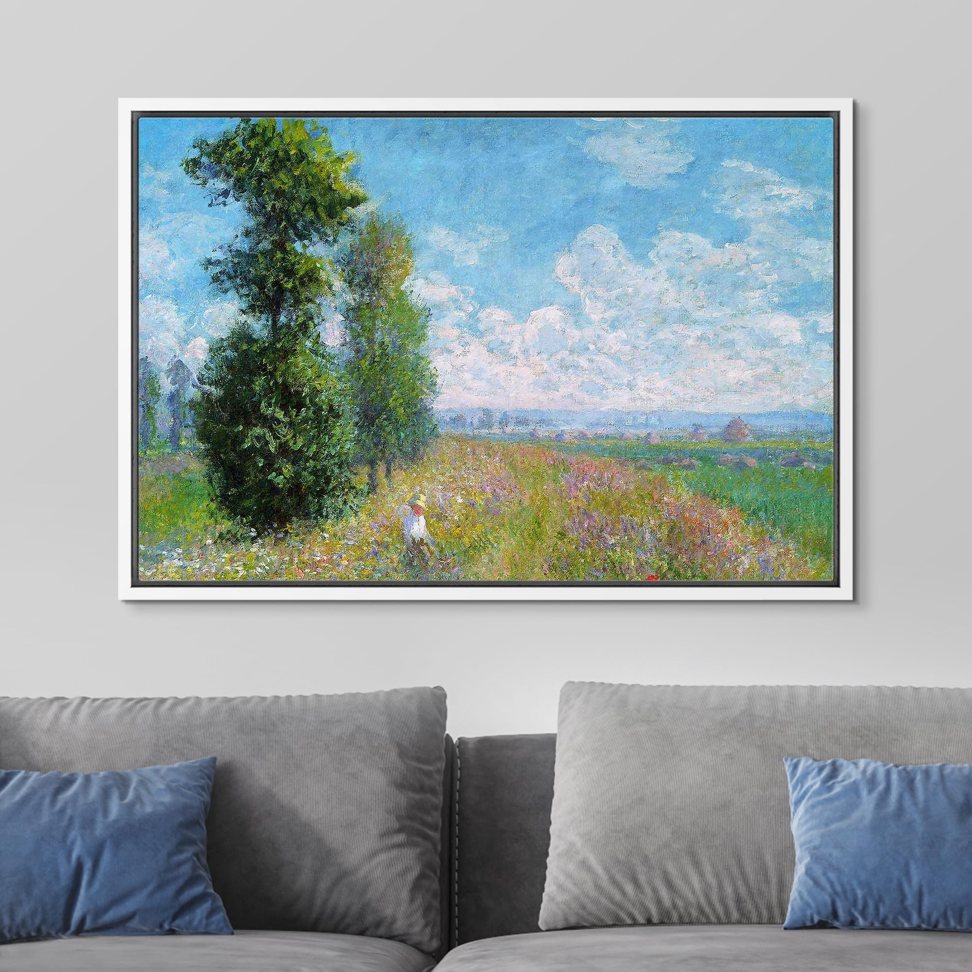 Wall26 Meadow With Poplars By Claude Monet - Impressionist Modern Art - Framed Canvas Art Home Art - 16''X24'' White